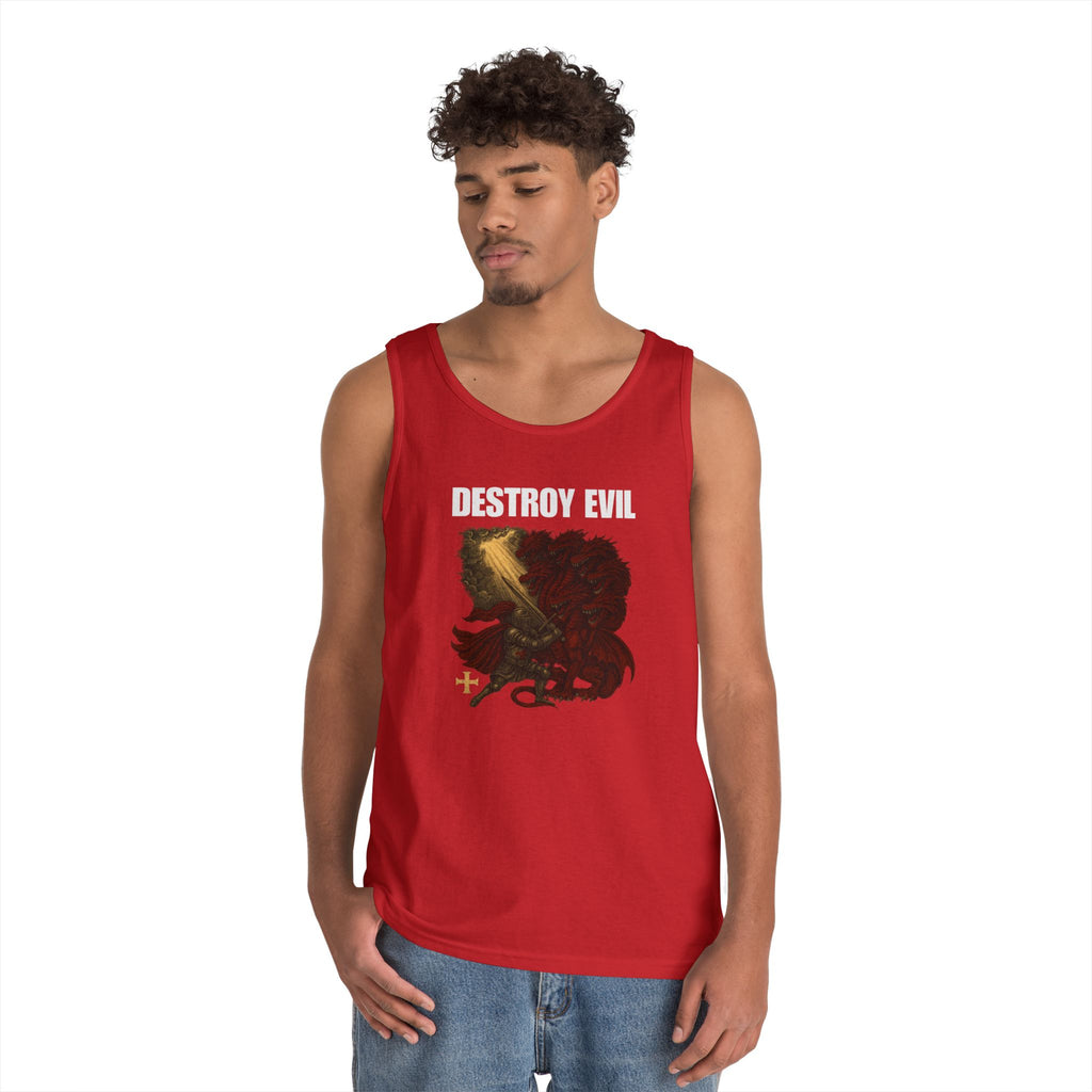 Heavy Cotton Tank Top with 'Destroy Evil' Crusader Defeating the Great Red Dragon Design