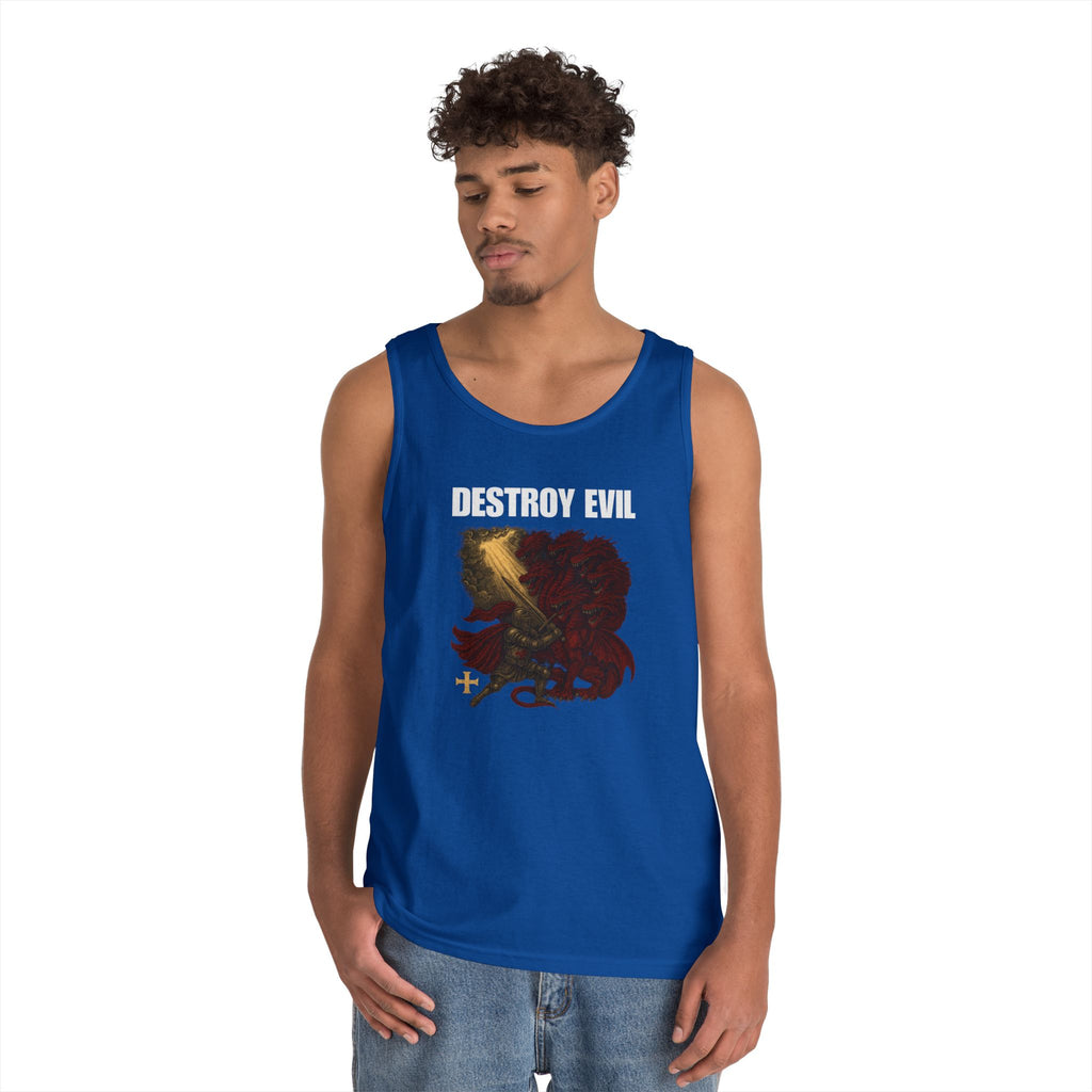 Heavy Cotton Tank Top with 'Destroy Evil' Crusader Defeating the Great Red Dragon Design