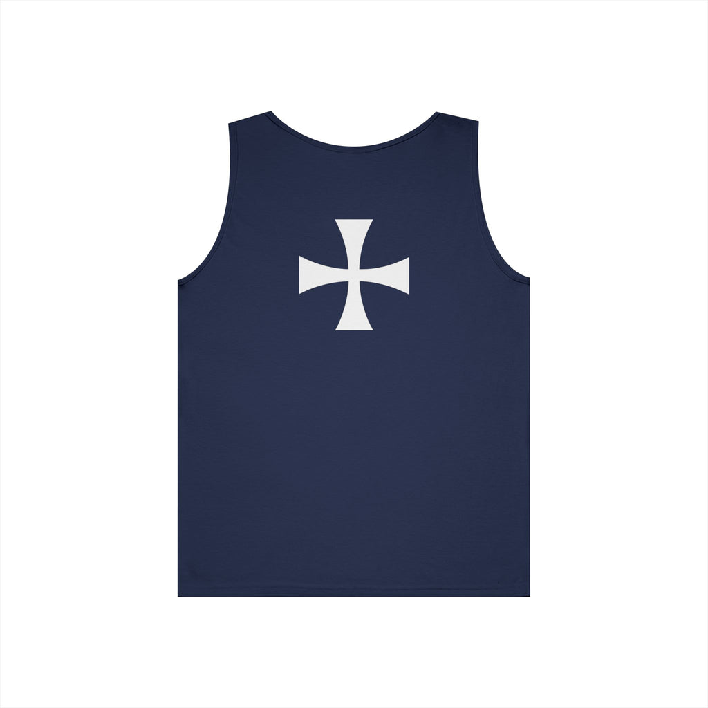 Teutonic Knights Front and Back White Teutonic Cross Graphic Heavy Cotton Tank Top