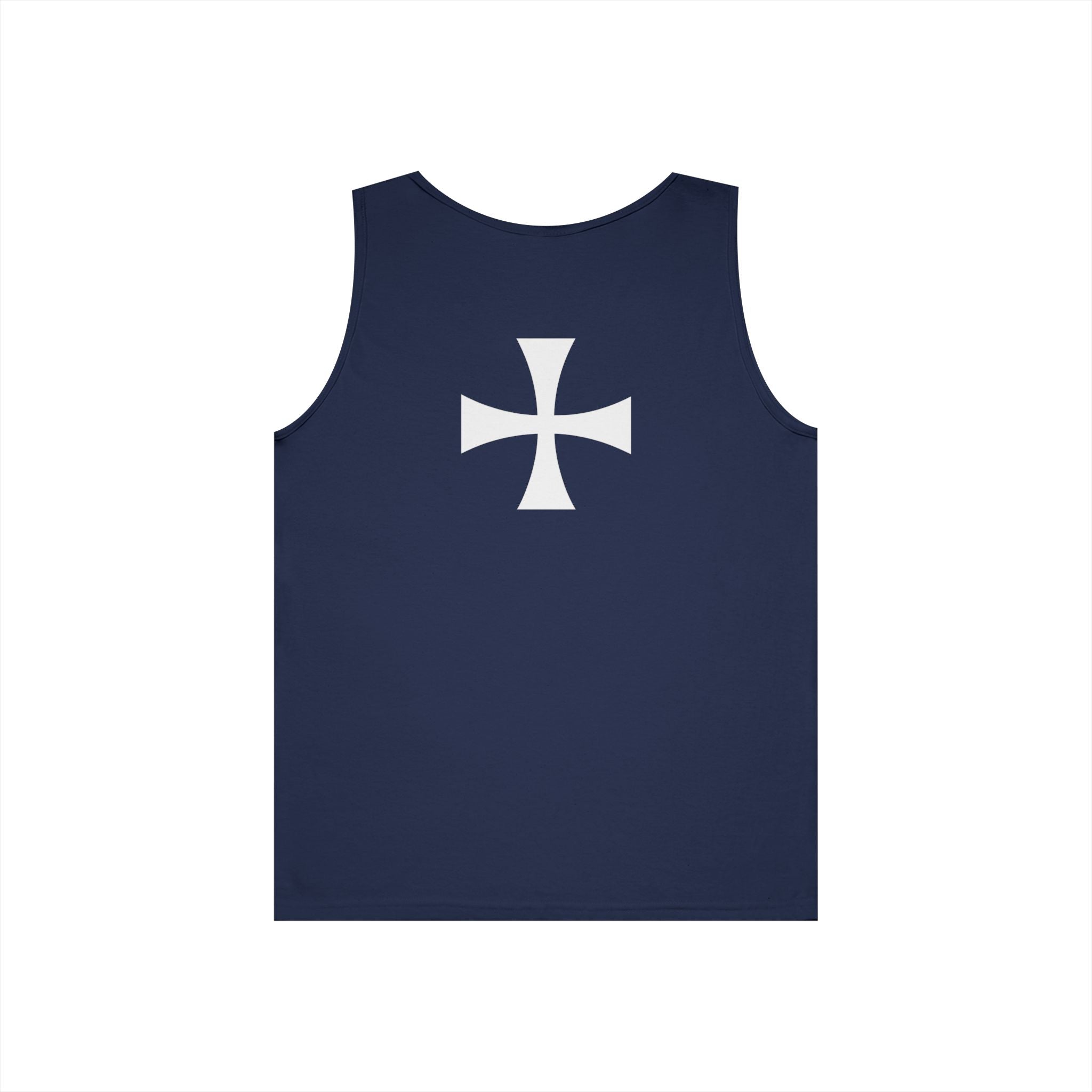 Teutonic Knights Front and Back White Teutonic Cross Graphic Heavy Cotton Tank Top