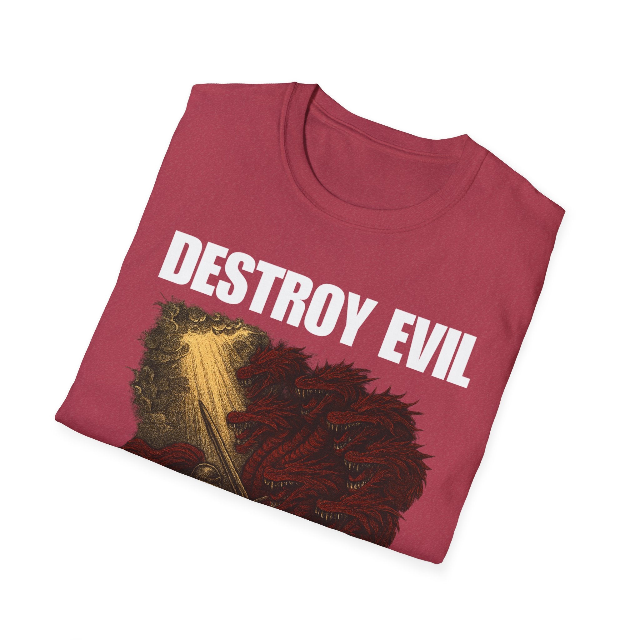 'Destroy Evil' Crusader Defeating the Great Red Dragon Design Graphic Softstyle T-Shirt