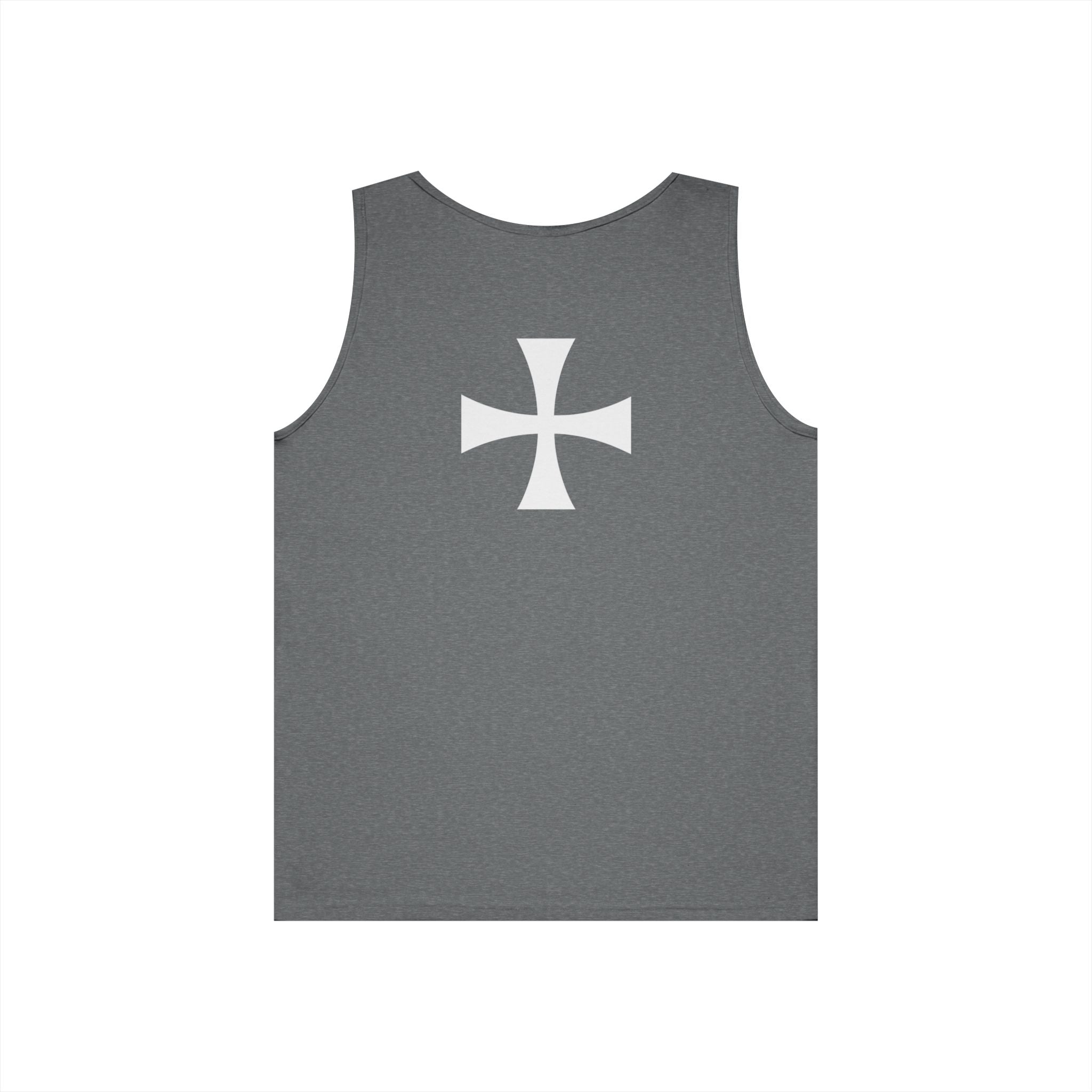 Teutonic Knights Front and Back White Teutonic Cross Graphic Heavy Cotton Tank Top