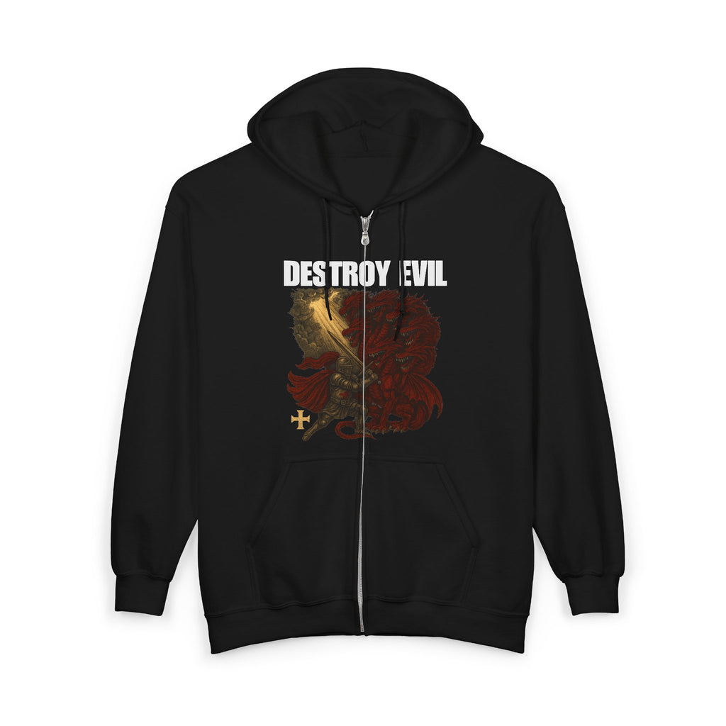 'Destroy Evil' Crusader Defeating the Great Red Dragon Design Graphic  Full Zip Up Hoodie Sweatshirt