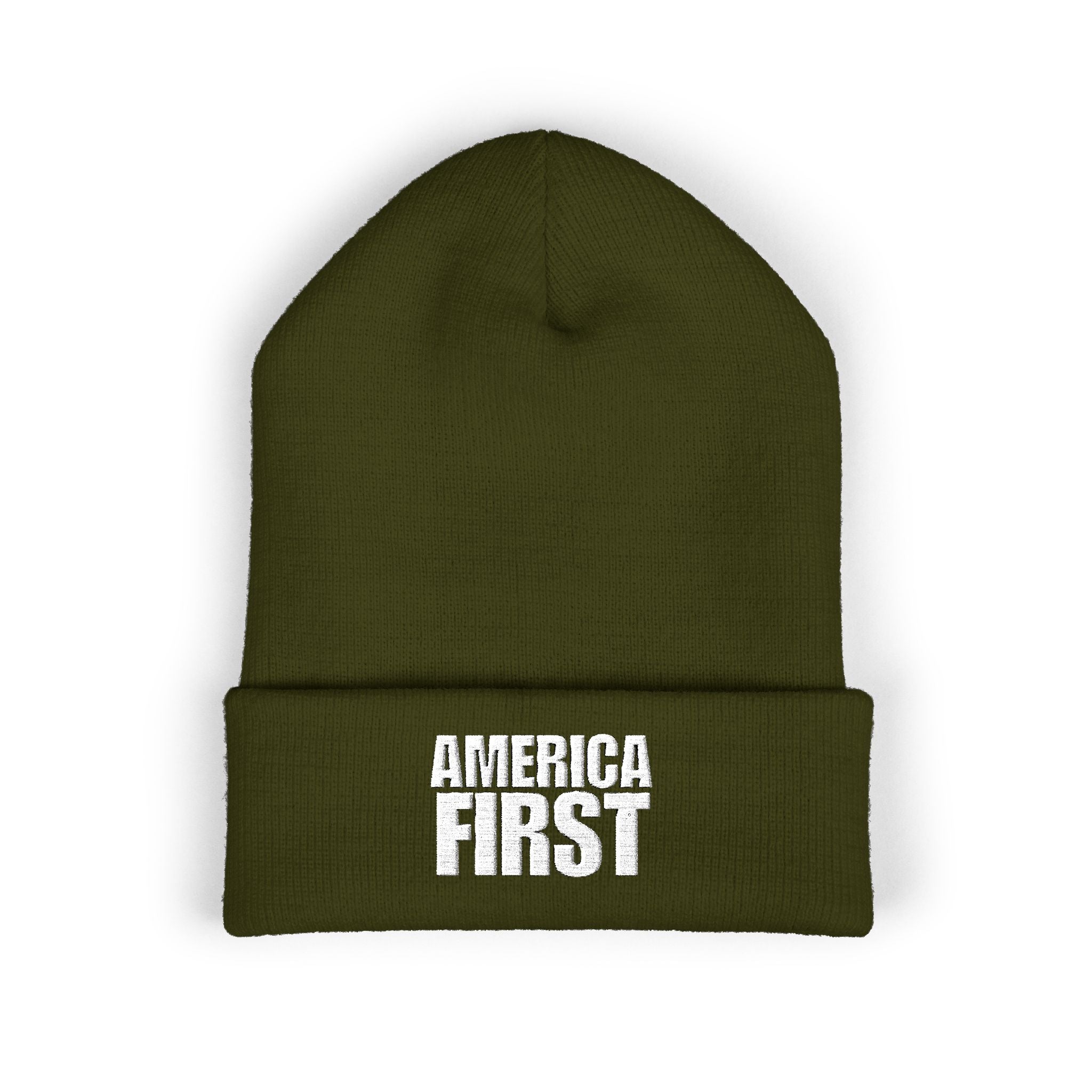 America First White Design Embroidered Cuffed Beanie Knit Hat