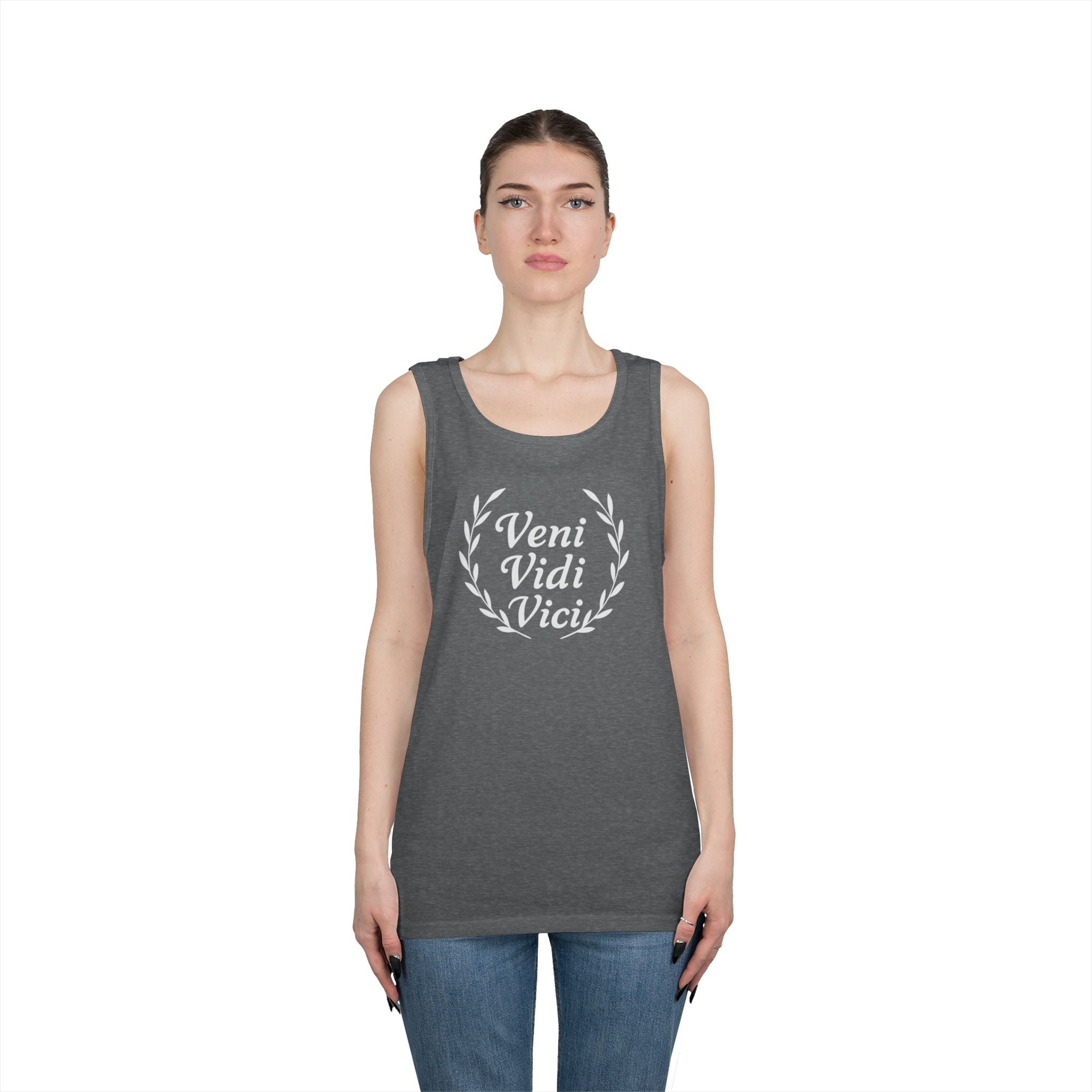 Veni Vidi Vici White Text Unisex Heavy Cotton Tank Top