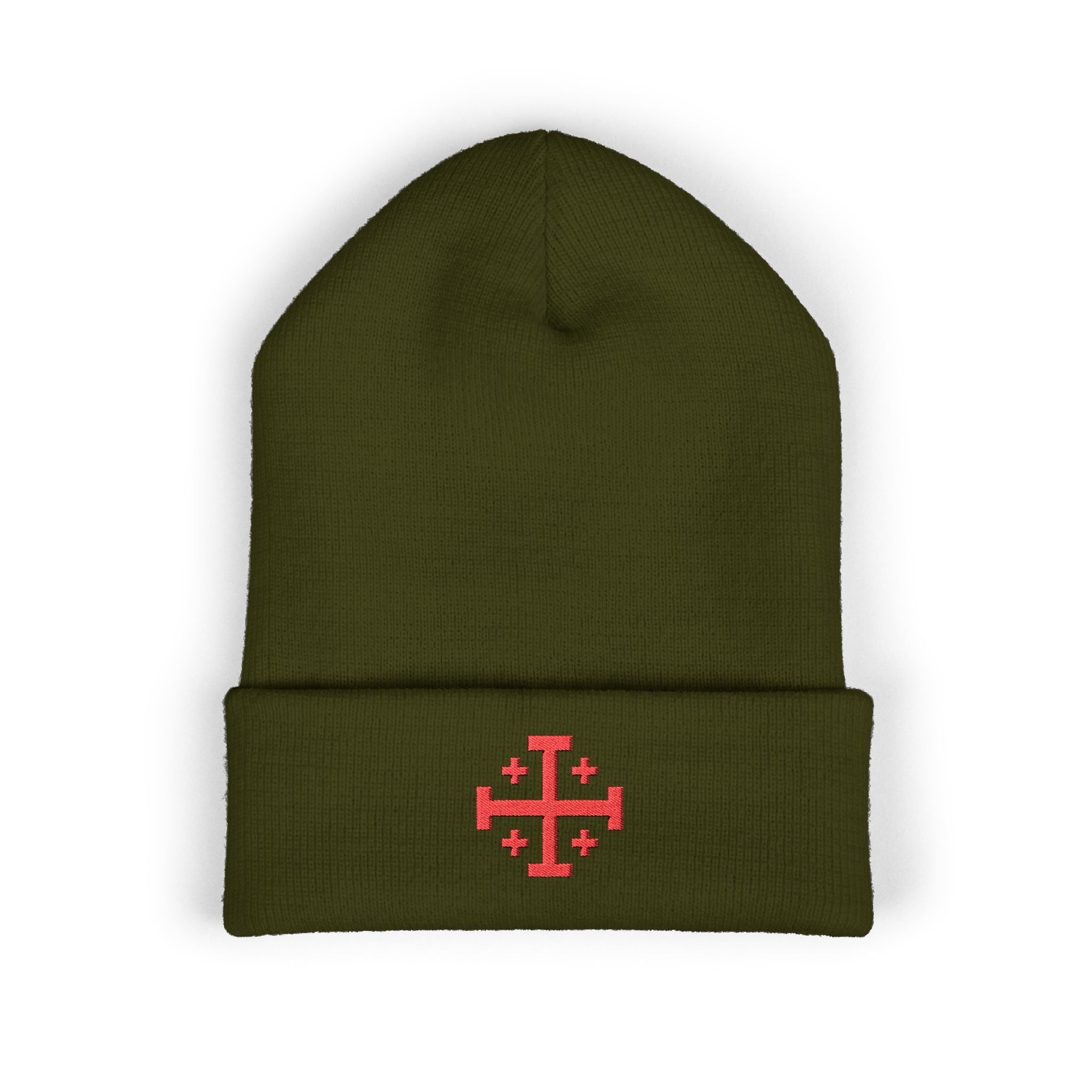 Cross of Jerusalem Red Design Embroidered Cuffed Beanie Knit Hat