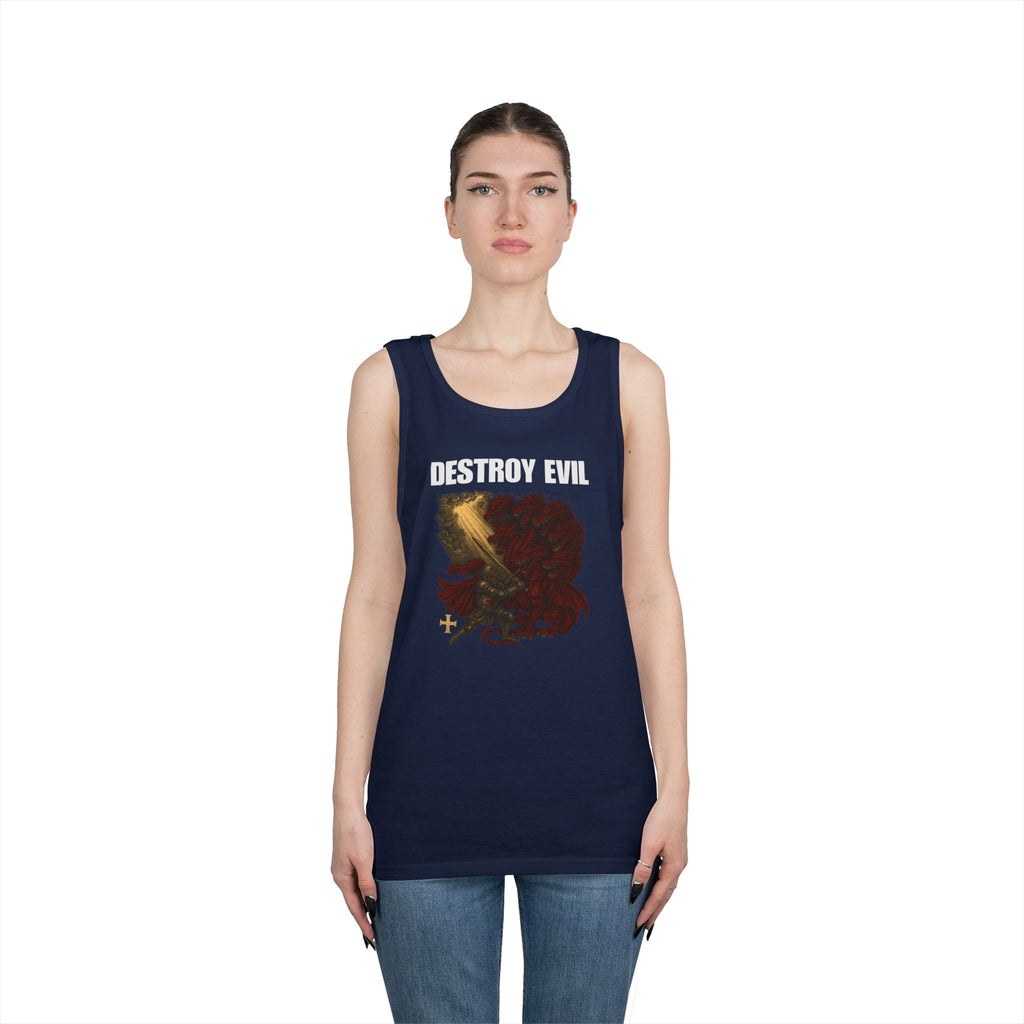 Heavy Cotton Tank Top with 'Destroy Evil' Crusader Defeating the Great Red Dragon Design