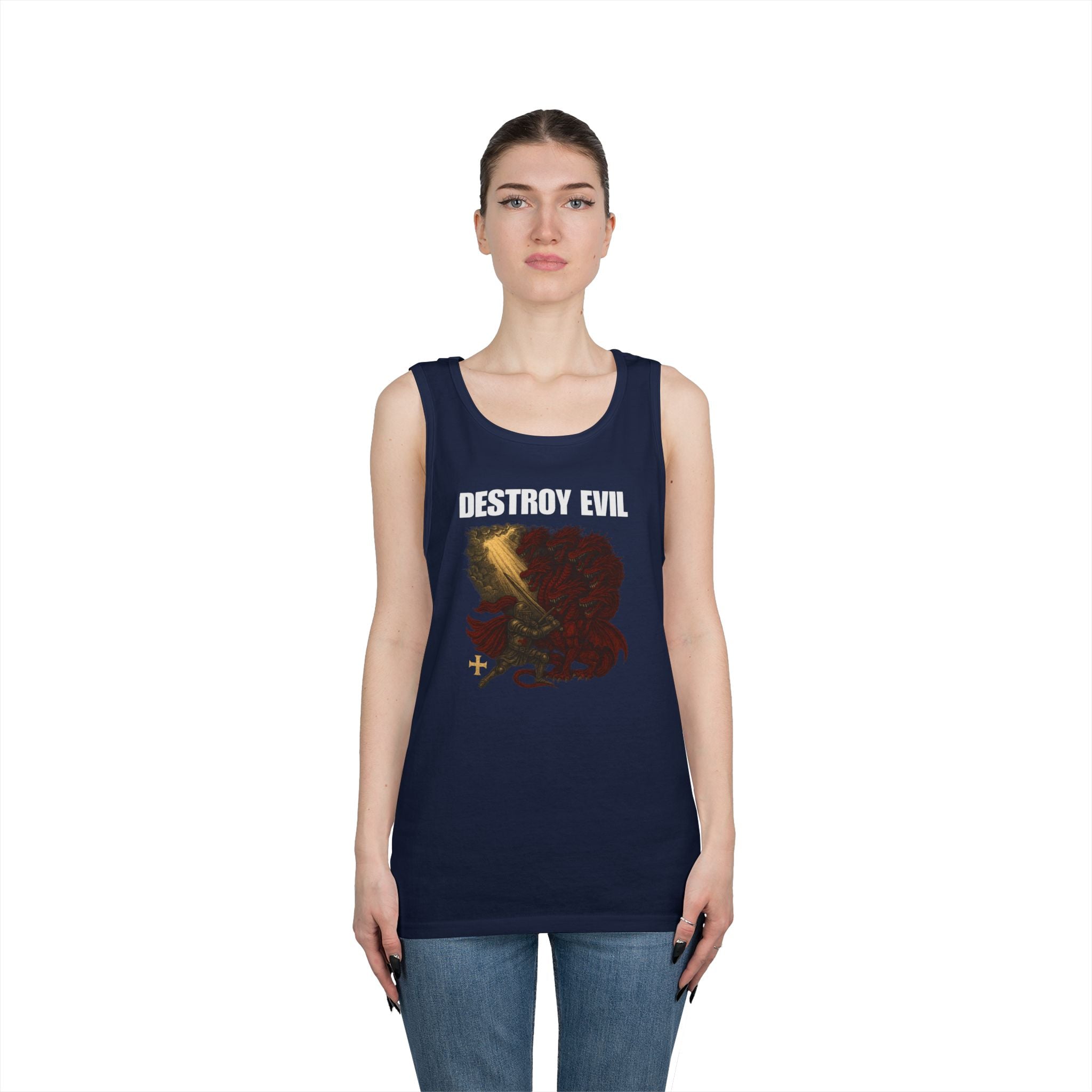Heavy Cotton Tank Top with 'Destroy Evil' Crusader Defeating the Great Red Dragon Design
