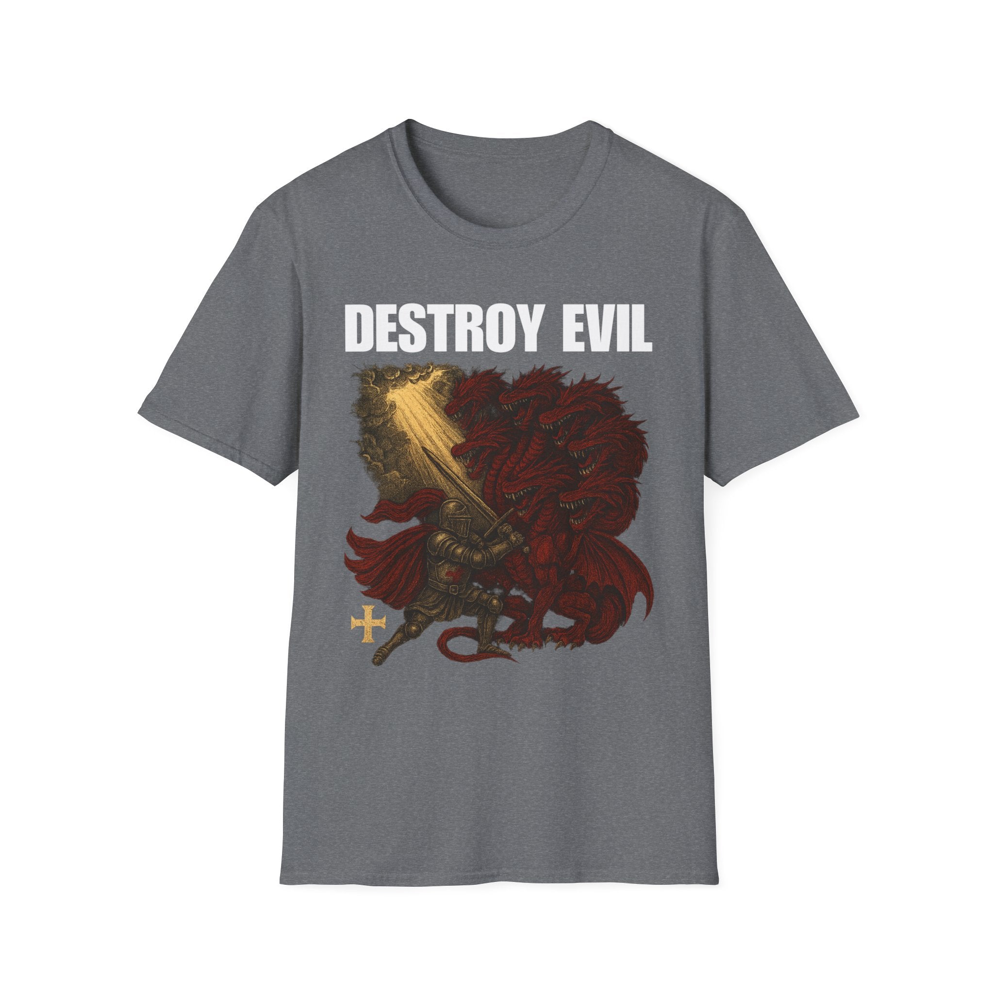 'Destroy Evil' Crusader Defeating the Great Red Dragon Design Graphic Softstyle T-Shirt