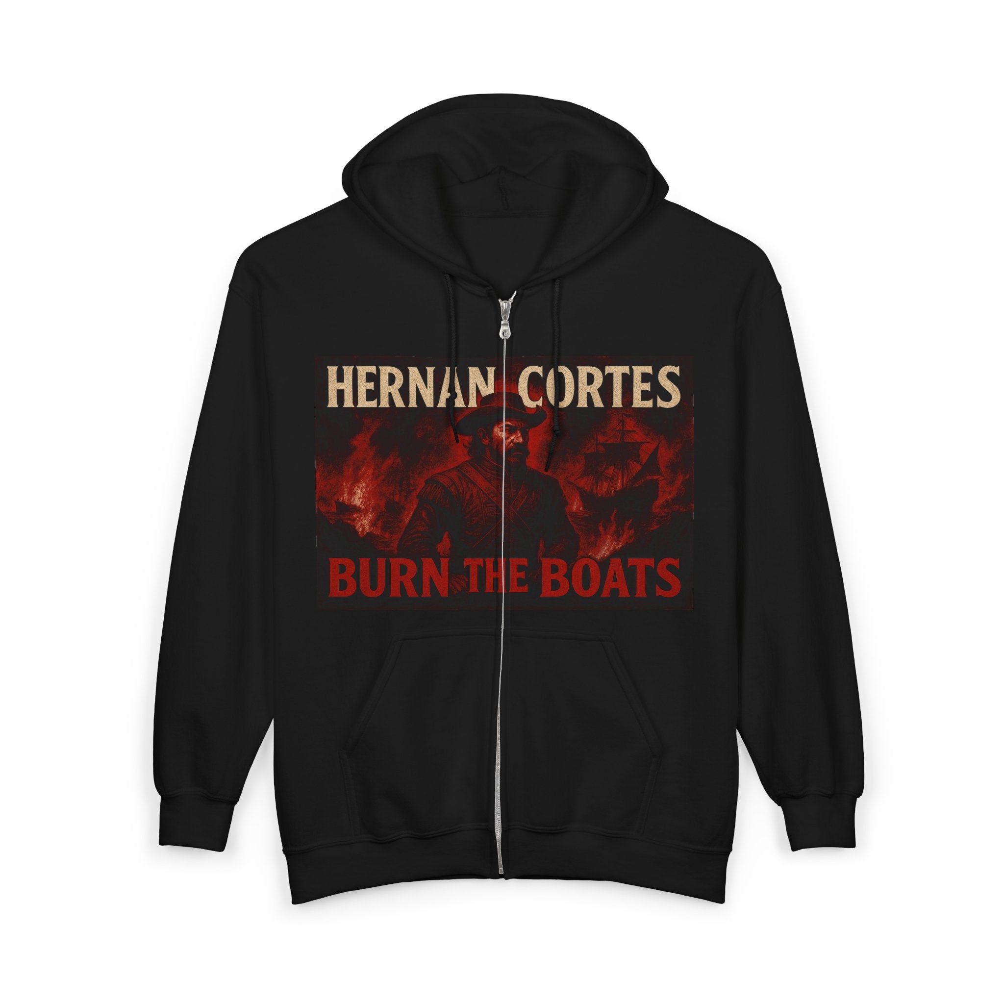 Hernan Cortes 'Burn Boats' Unisex Zip Hoodie