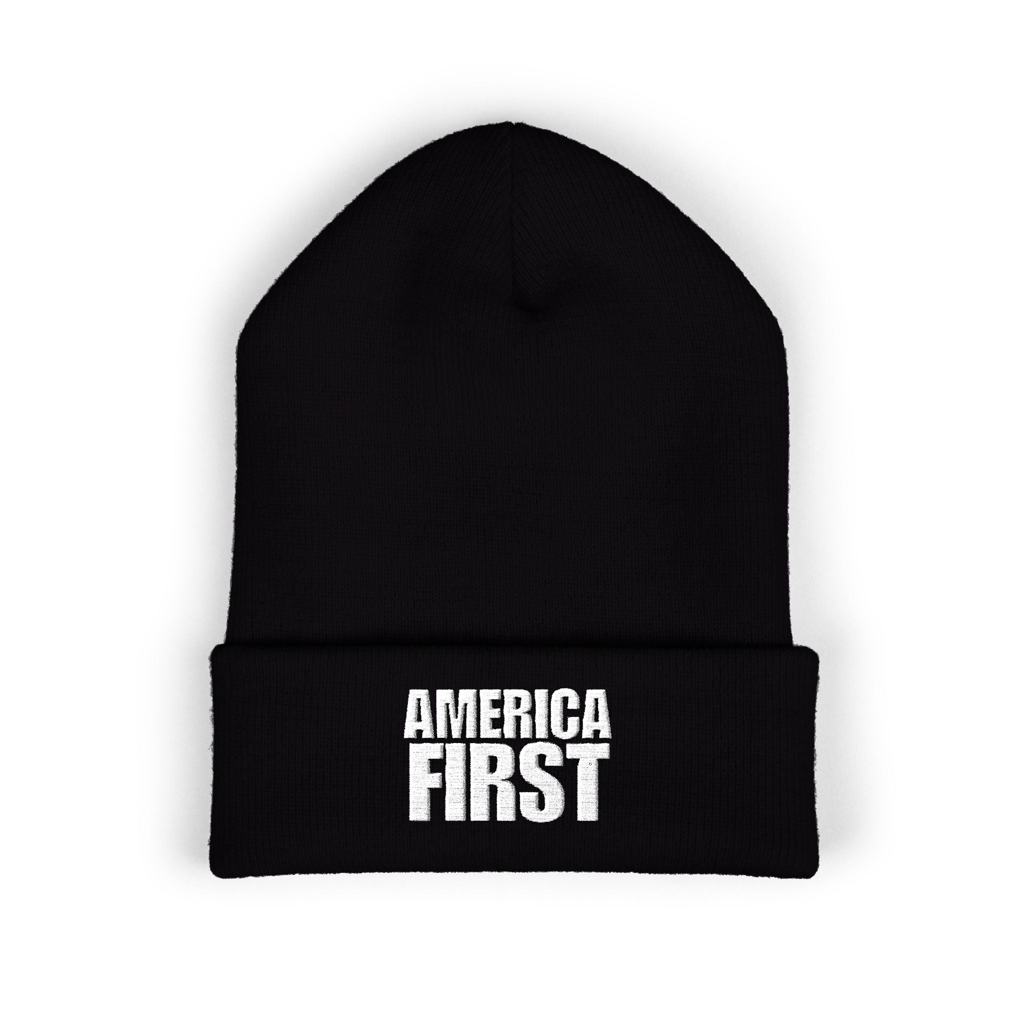 America First White Design Embroidered Cuffed Beanie Knit Hat