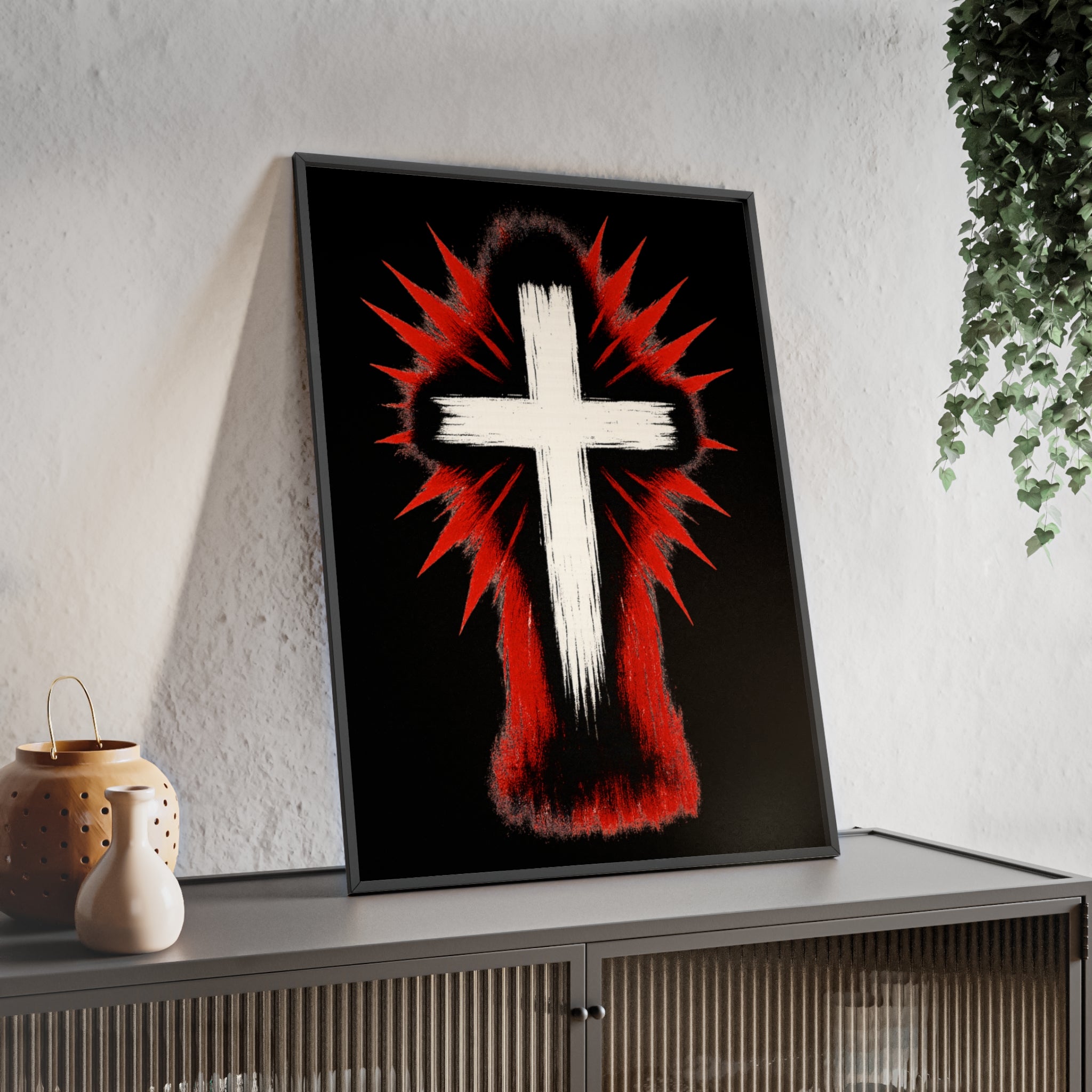 Crucifix Religious Art Poster with Wooden Frame