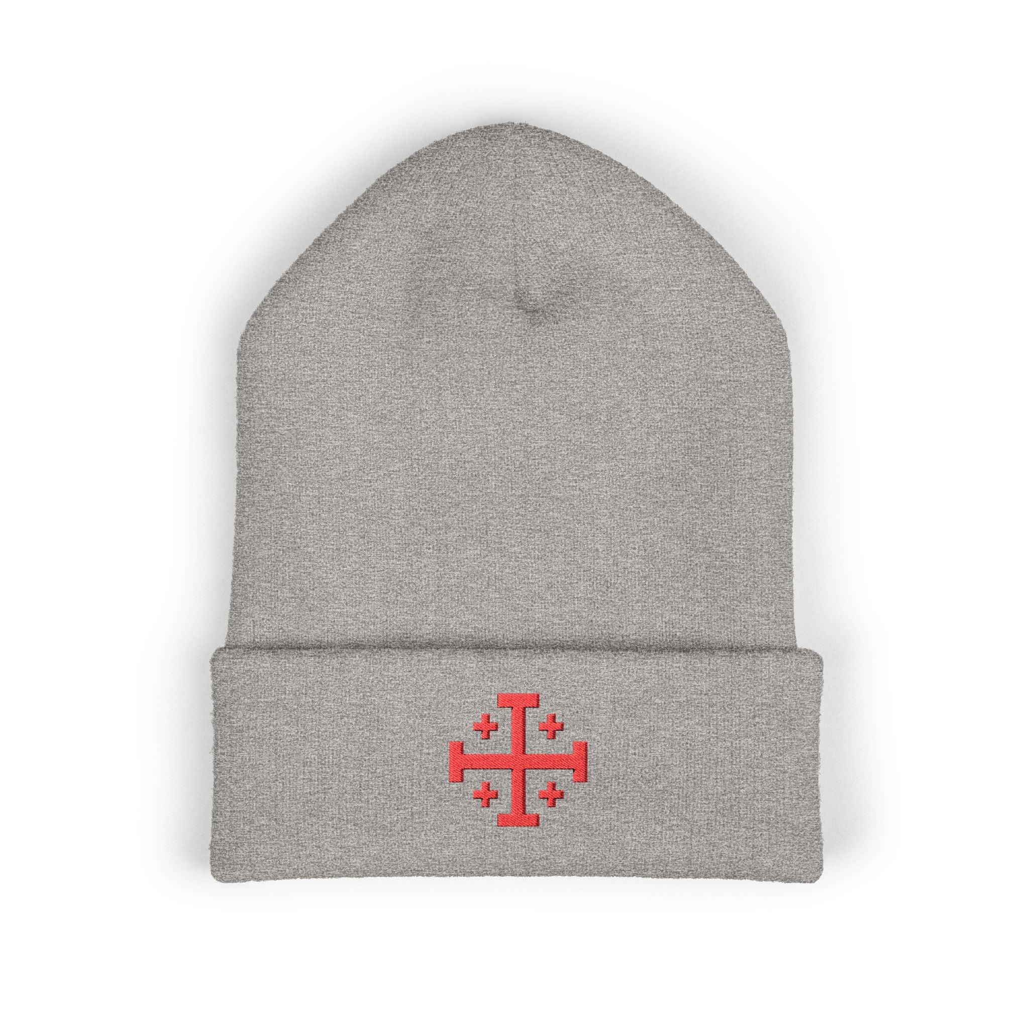 Cross of Jerusalem Red Design Embroidered Cuffed Beanie Knit Hat