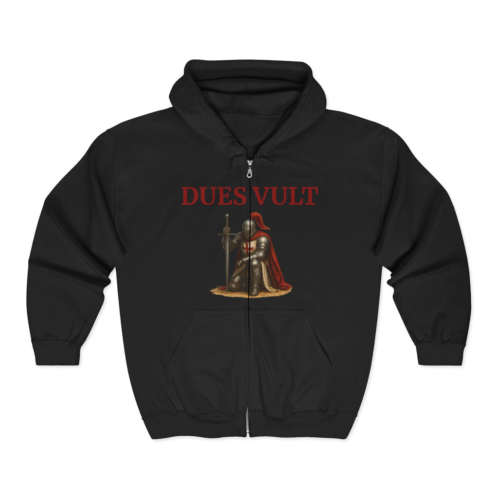 Crusader Knight Dues Vult Zip Up Hoodie, Dues Vult Zippered Sweatshirt
