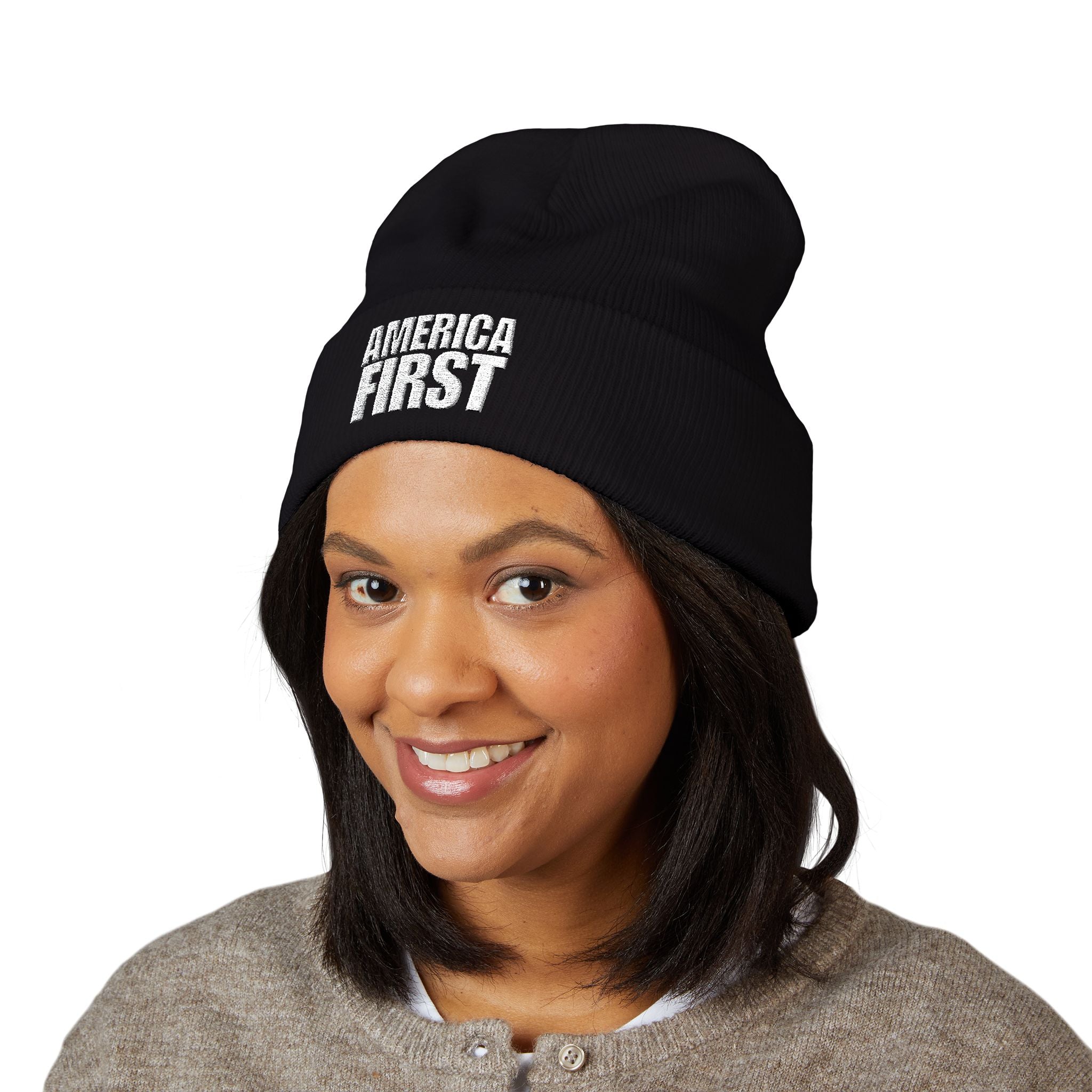 America First White Design Embroidered Cuffed Beanie Knit Hat