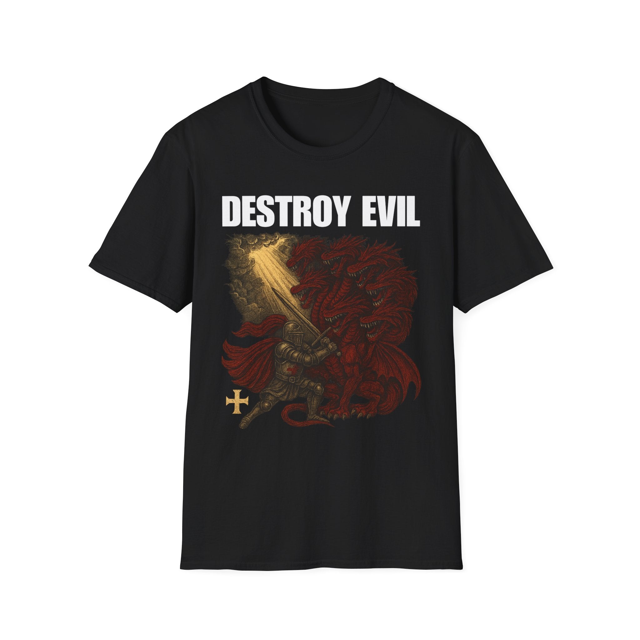 'Destroy Evil' Crusader Defeating the Great Red Dragon Design Graphic Softstyle T-Shirt