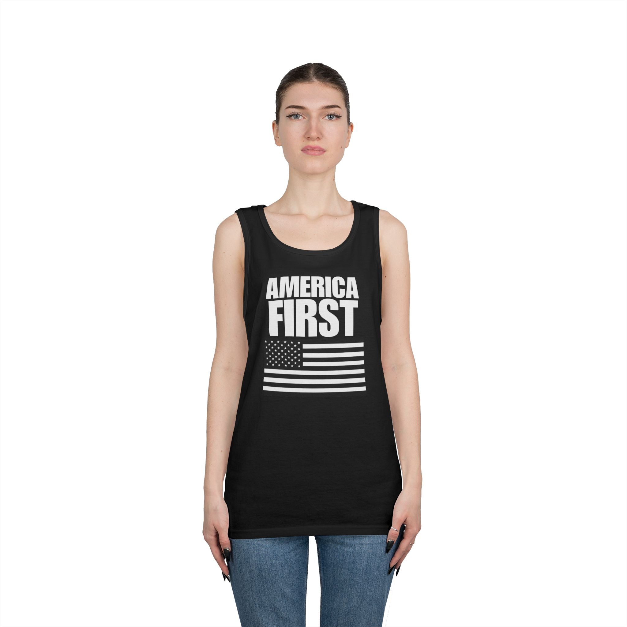 America First Black and White American Flag Heavy Cotton Tank Top