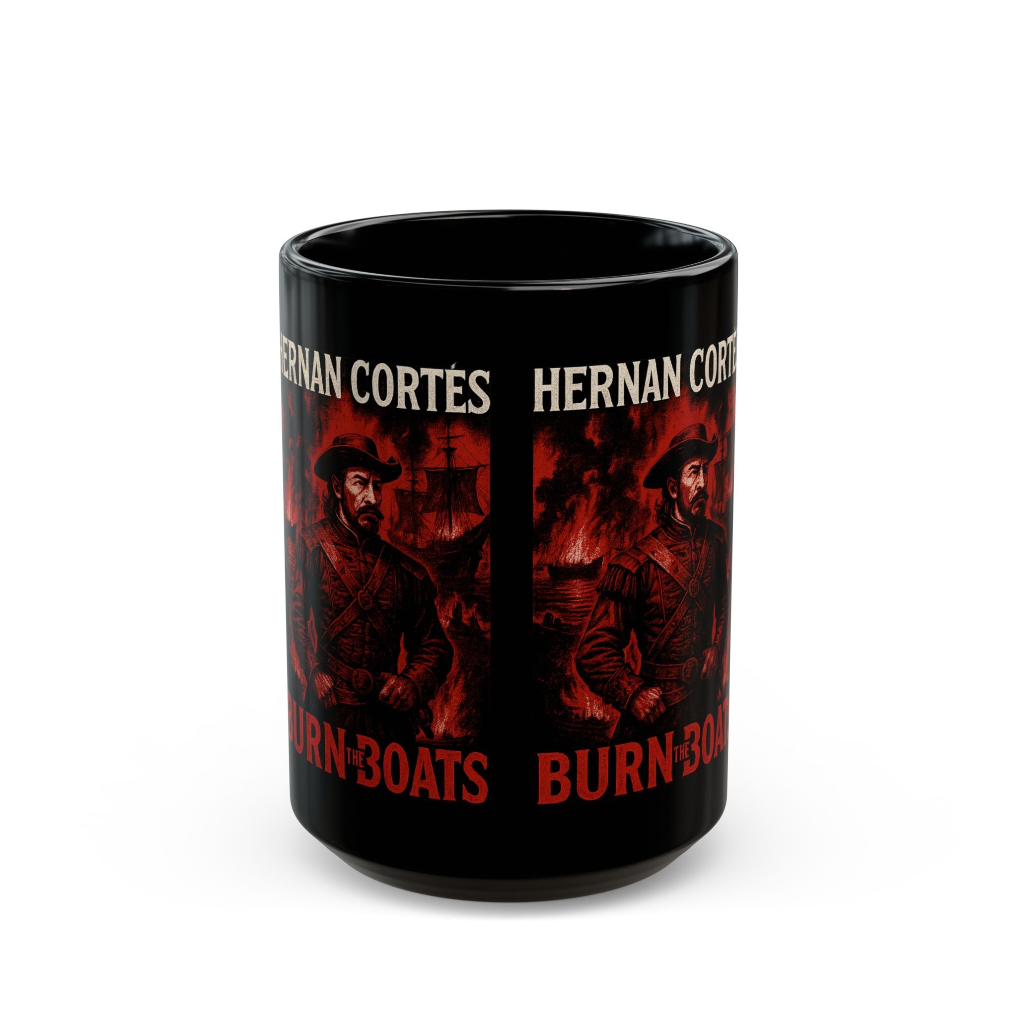 Unique Black Mug with Hernan Cortés Burn The Boats Design