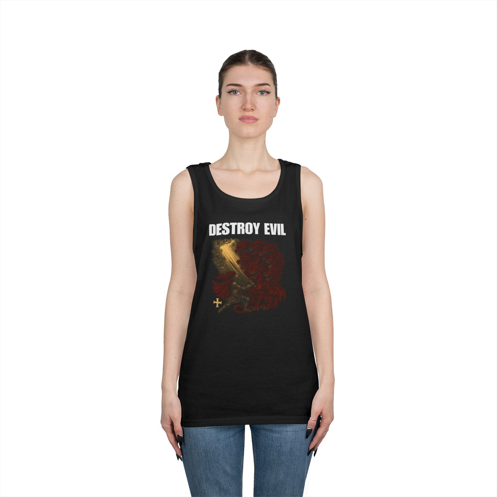 Heavy Cotton Tank Top with 'Destroy Evil' Crusader Defeating the Great Red Dragon Design