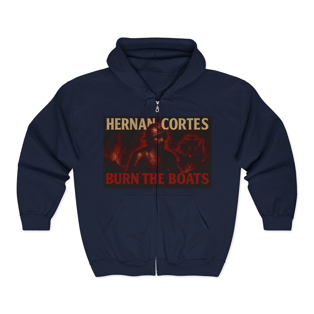 Hernan Cortes 'Burn Boats' Unisex Zip Hoodie Armor Design