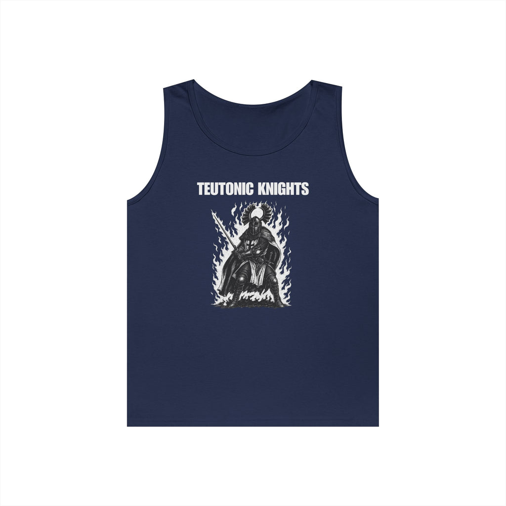 Teutonic Knights Front and Back White Teutonic Cross Graphic Heavy Cotton Tank Top