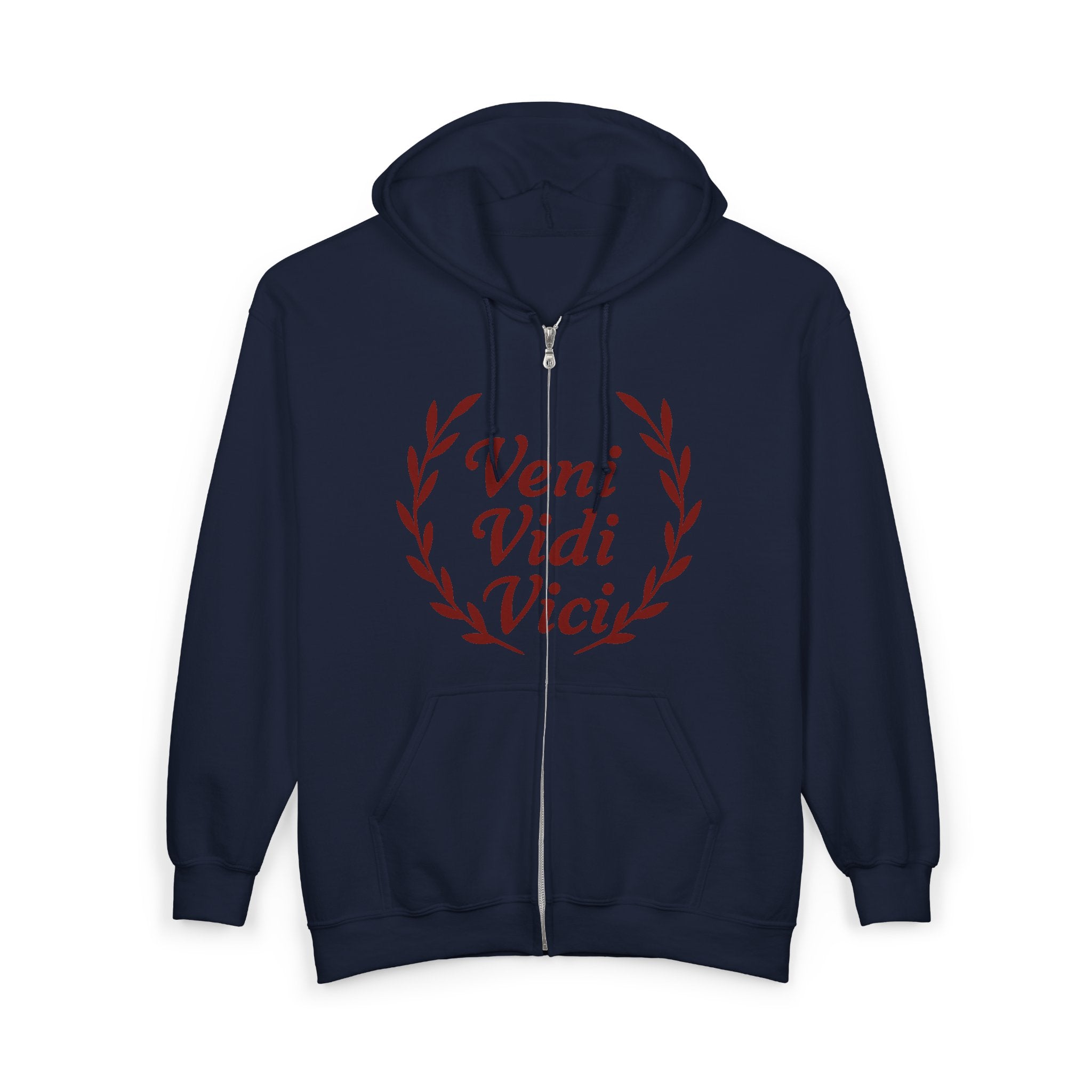 Veni Vidi Vici, "I Came, I Saw, I Conquered" Dark Red Text  Unisex Zip Up Hoodie Sweatshirt