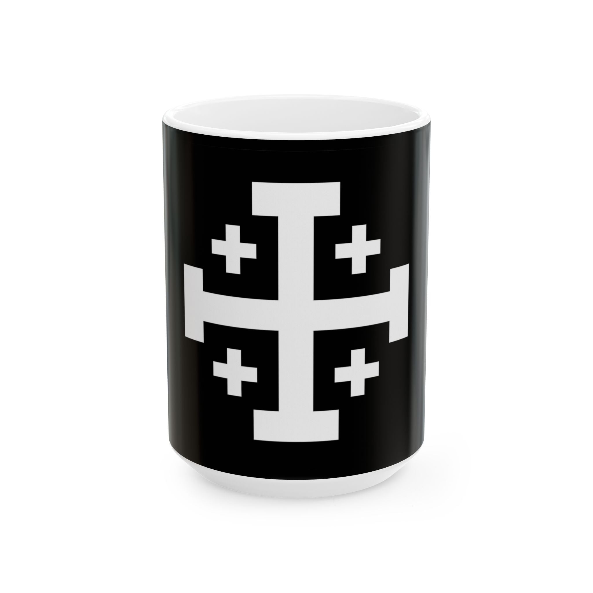 Cross of Jerusalem White Design Black Ceramic Mug