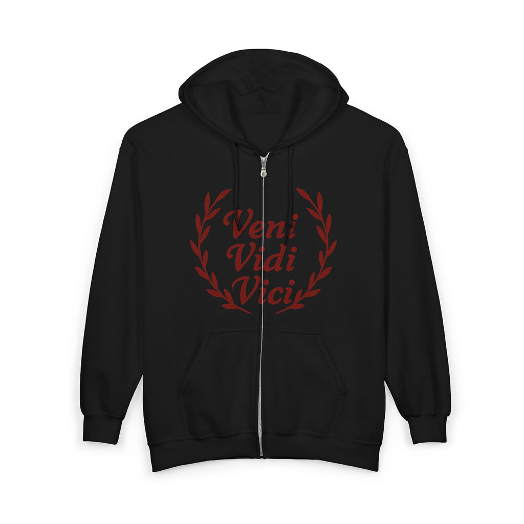 Veni Vidi Vici, "I Came, I Saw, I Conquered" Dark Red Text  Unisex Zip Up Hoodie Sweatshirt