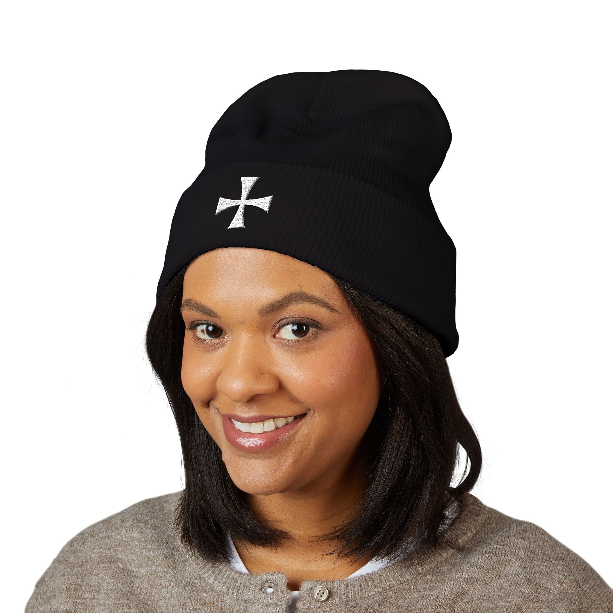 Teutonic Cross White Design Embroidered Cuffed Beanie Knit Hat