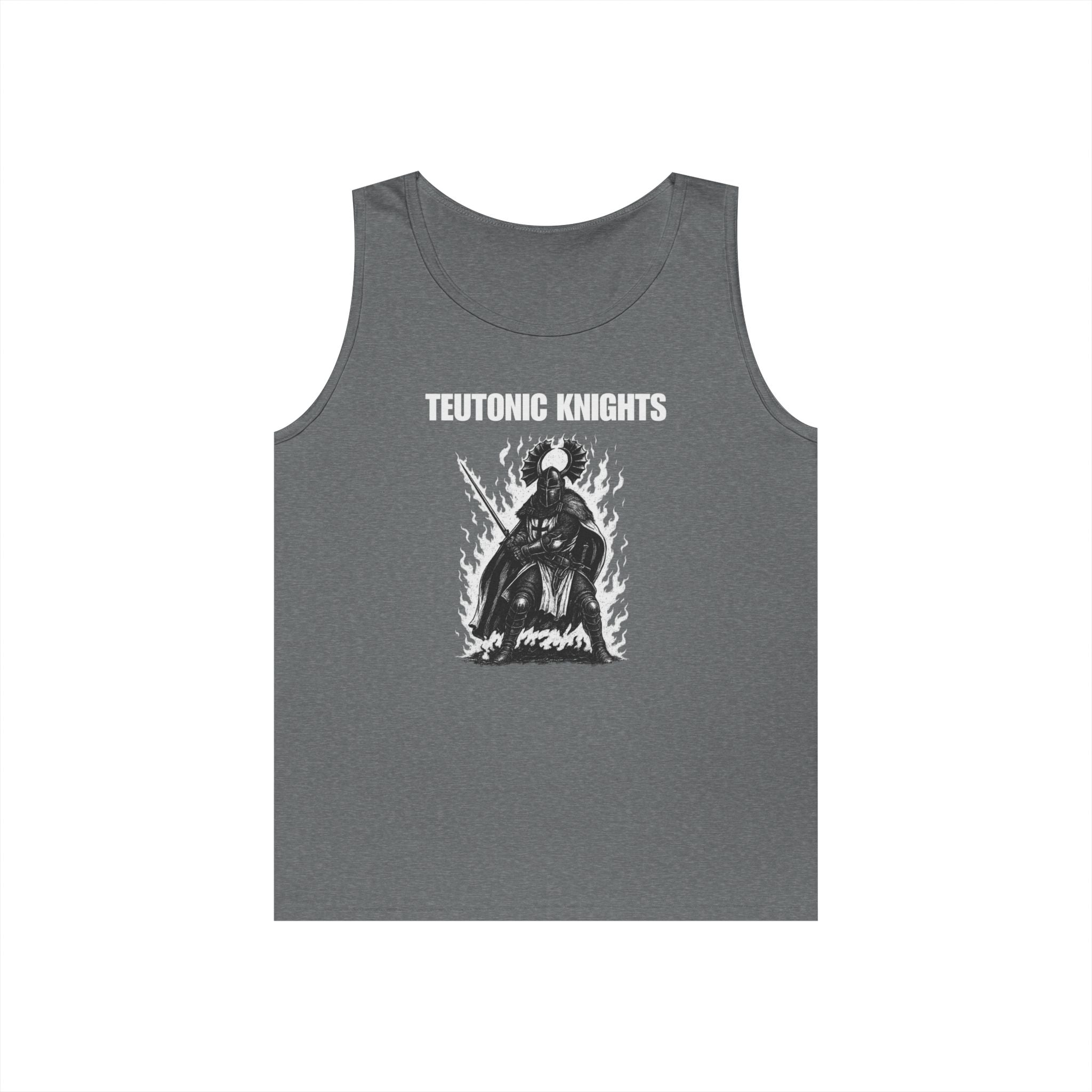 Teutonic Knights Front and Back White Teutonic Cross Graphic Heavy Cotton Tank Top