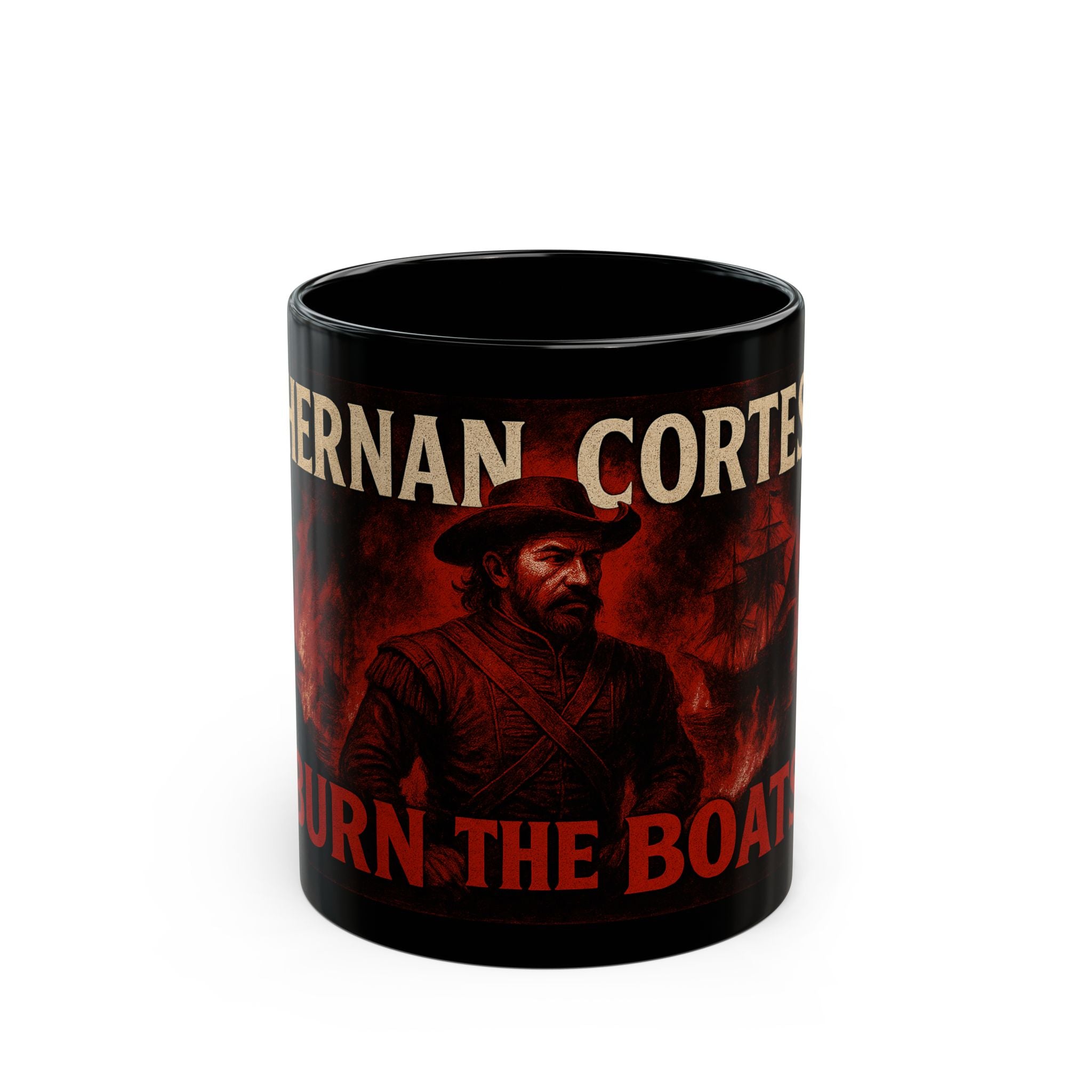 Unique Black Mug with Hernan Cortés Burn The Boats Design