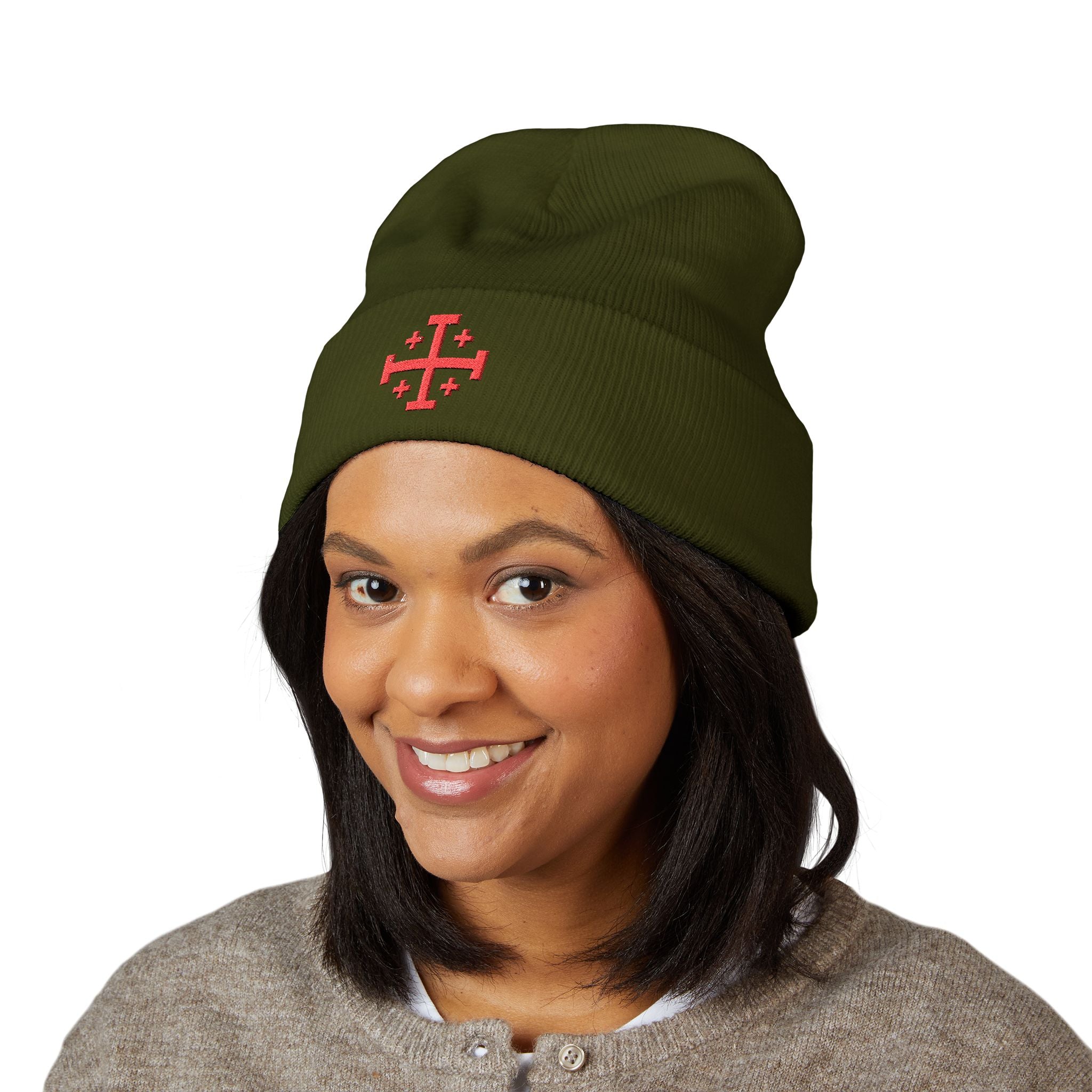 Cross of Jerusalem Red Design Embroidered Cuffed Beanie Knit Hat