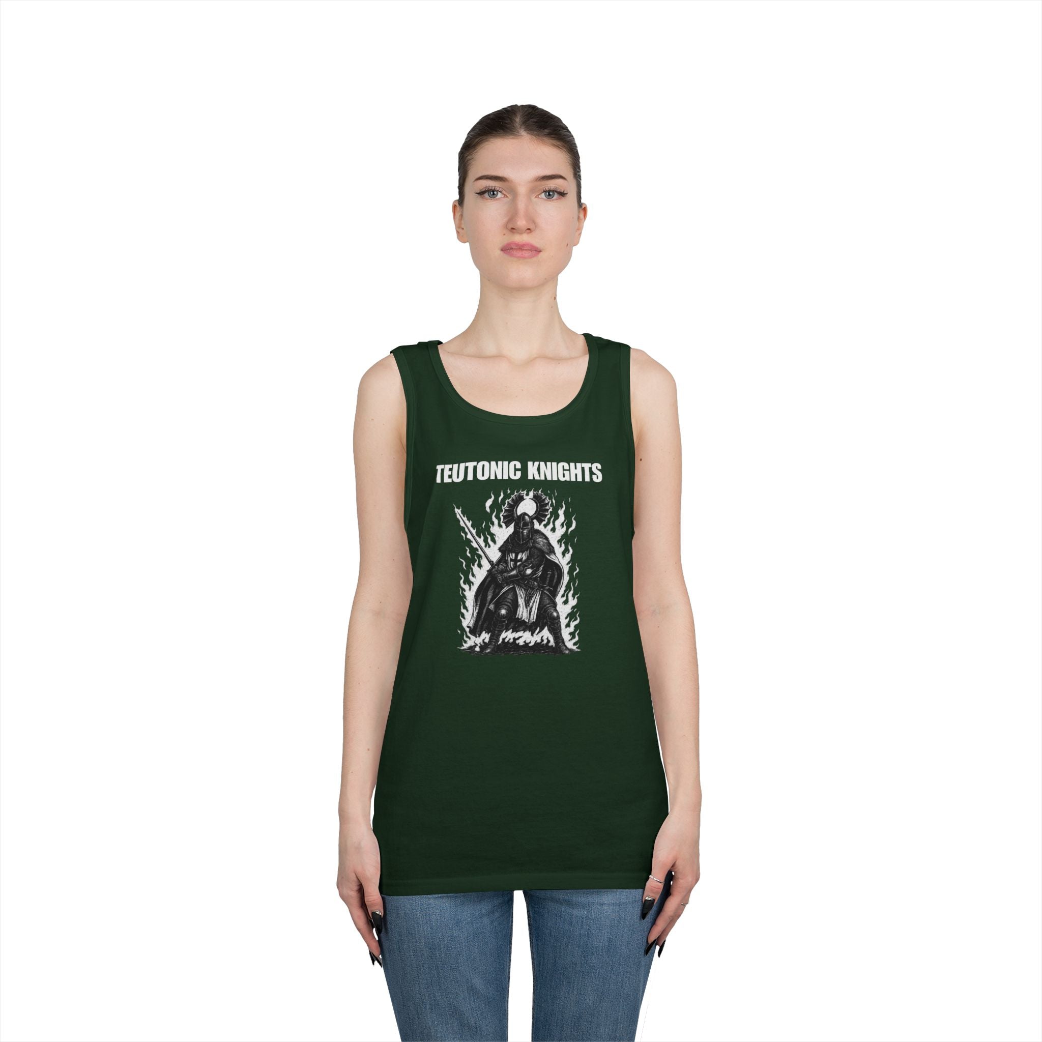 Teutonic Knights Front and Back White Teutonic Cross Graphic Heavy Cotton Tank Top