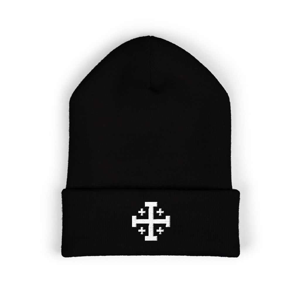 Cross of Jerusalem White Design Embroidered Cuffed Beanie Knit Hat