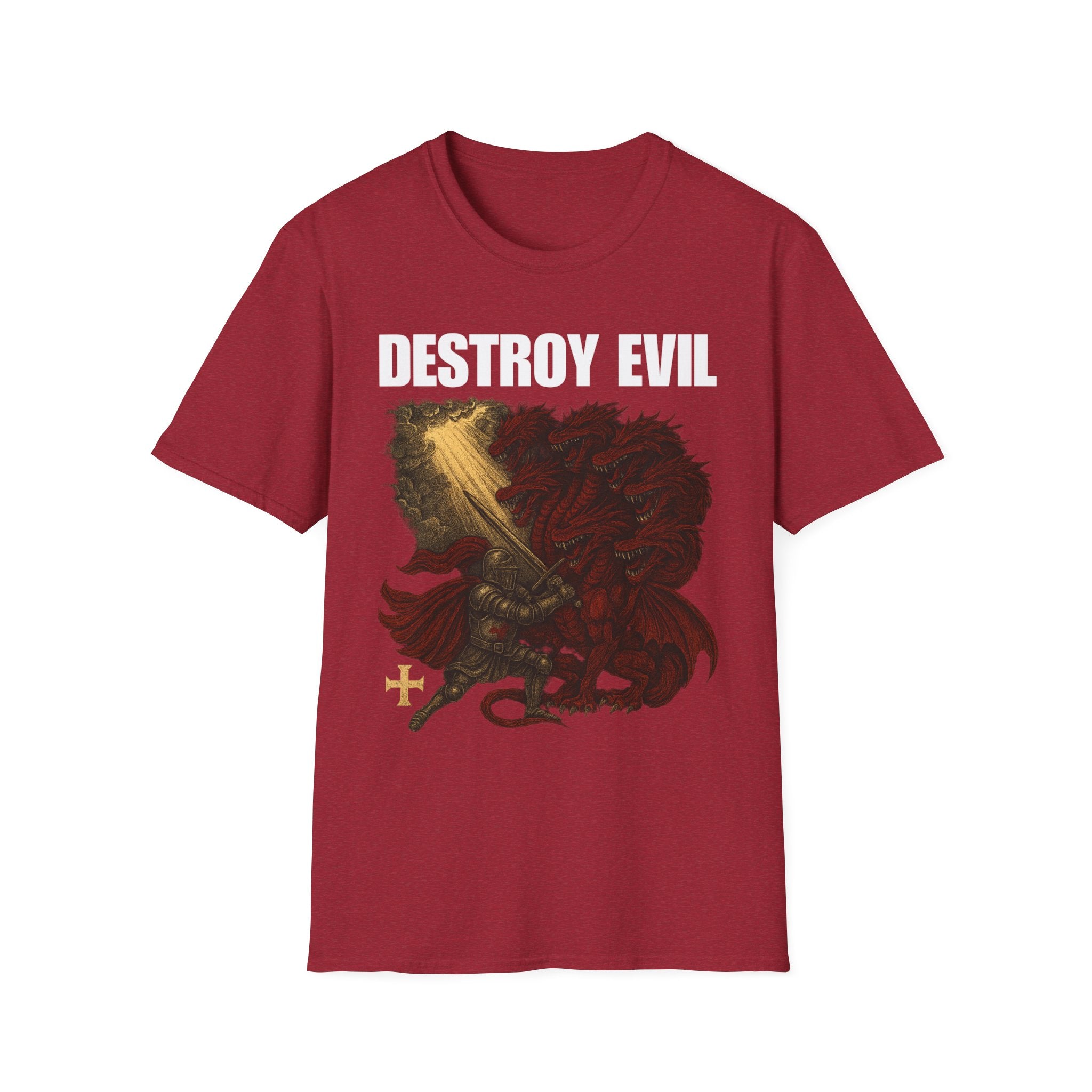 'Destroy Evil' Crusader Defeating the Great Red Dragon Design Graphic Softstyle T-Shirt