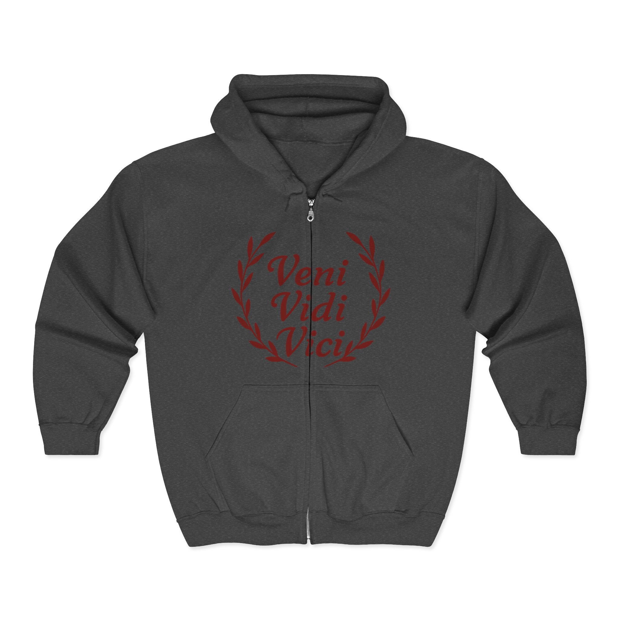 Veni Vidi Vici, "I Came, I Saw, I Conquered" Dark Red Text  Unisex Zip Up Hoodie Sweatshirt