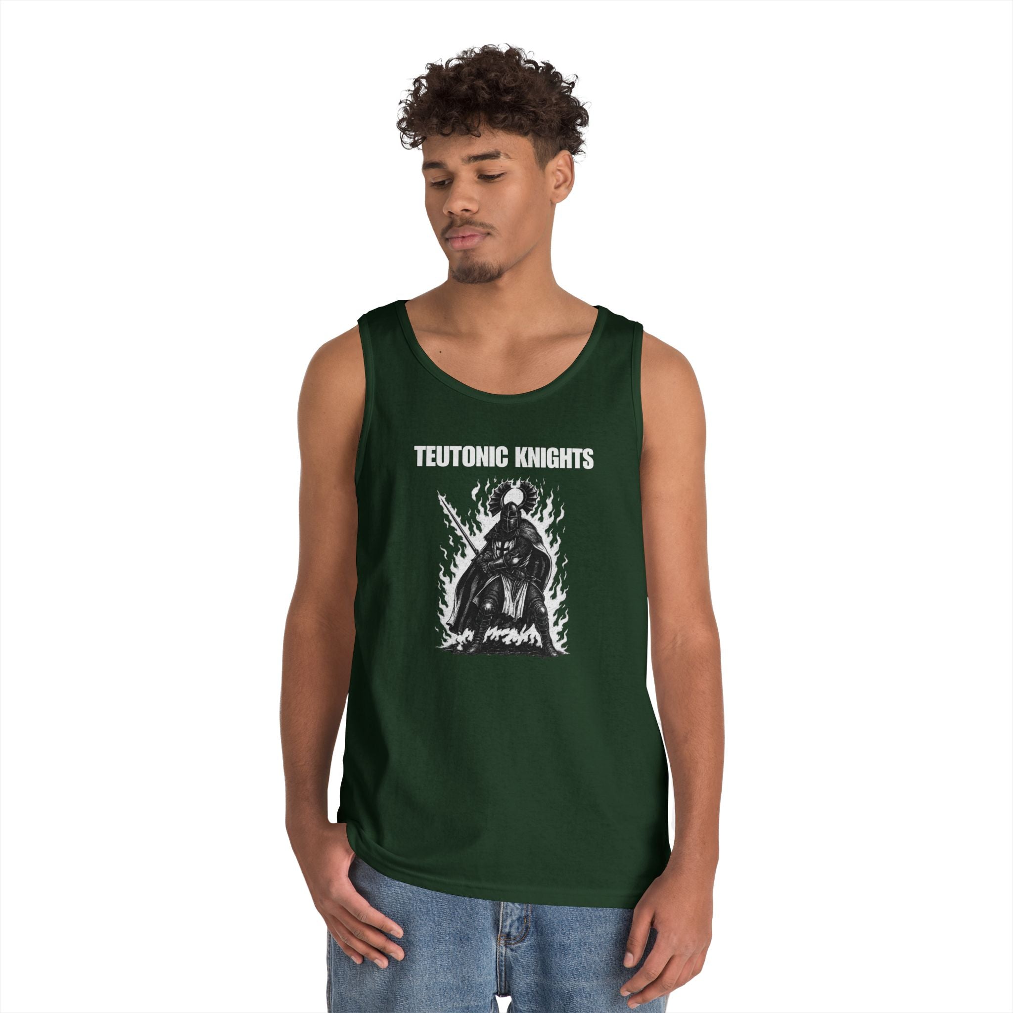 Teutonic Knights Front and Back White Teutonic Cross Graphic Heavy Cotton Tank Top