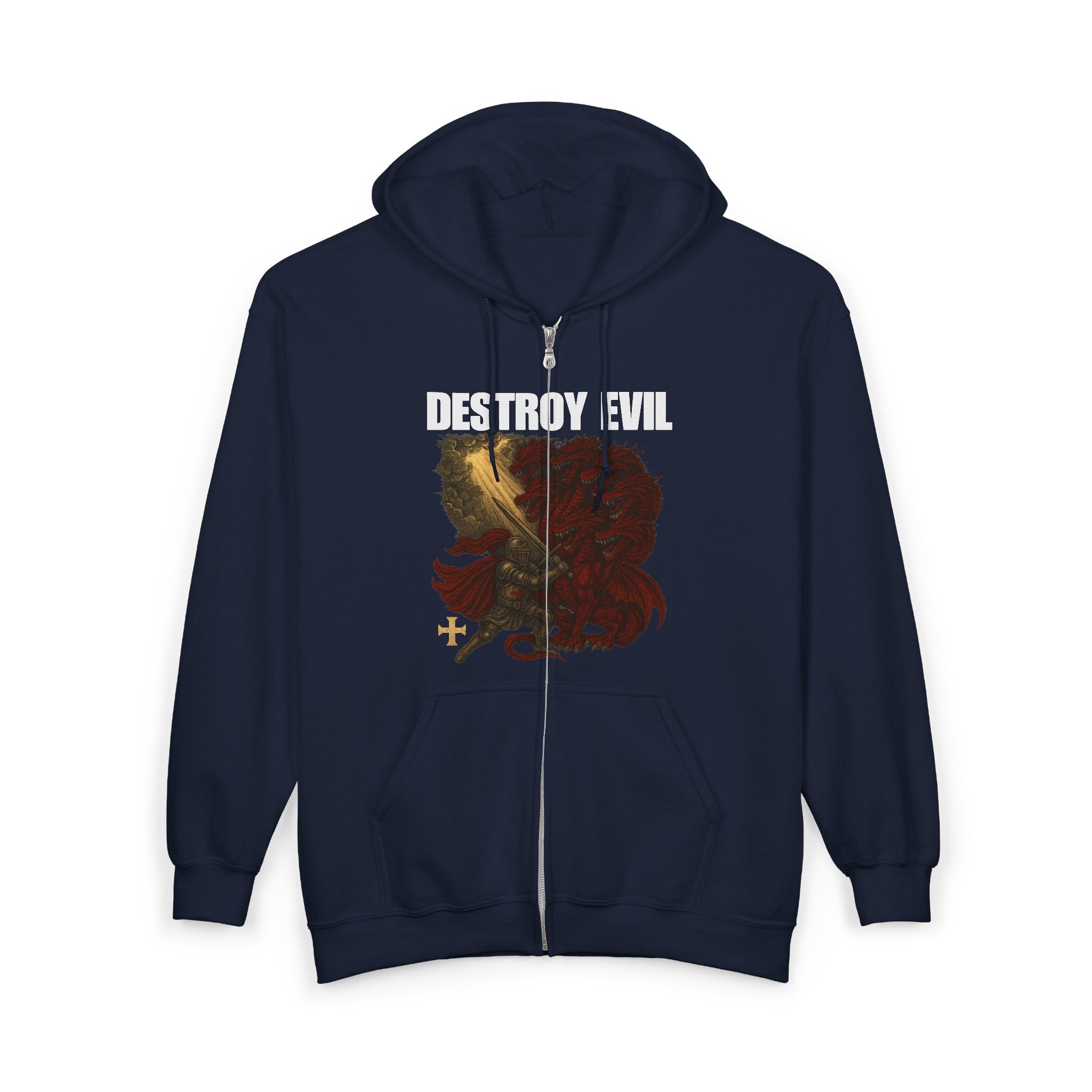 'Destroy Evil' Crusader Defeating the Great Red Dragon Design Graphic  Full Zip Up Hoodie Sweatshirt