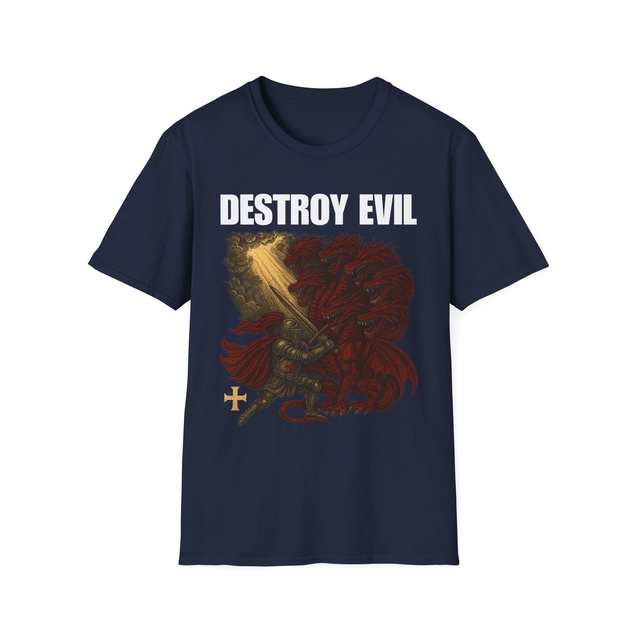 'Destroy Evil' Crusader Defeating the Great Red Dragon Design Graphic Softstyle T-Shirt