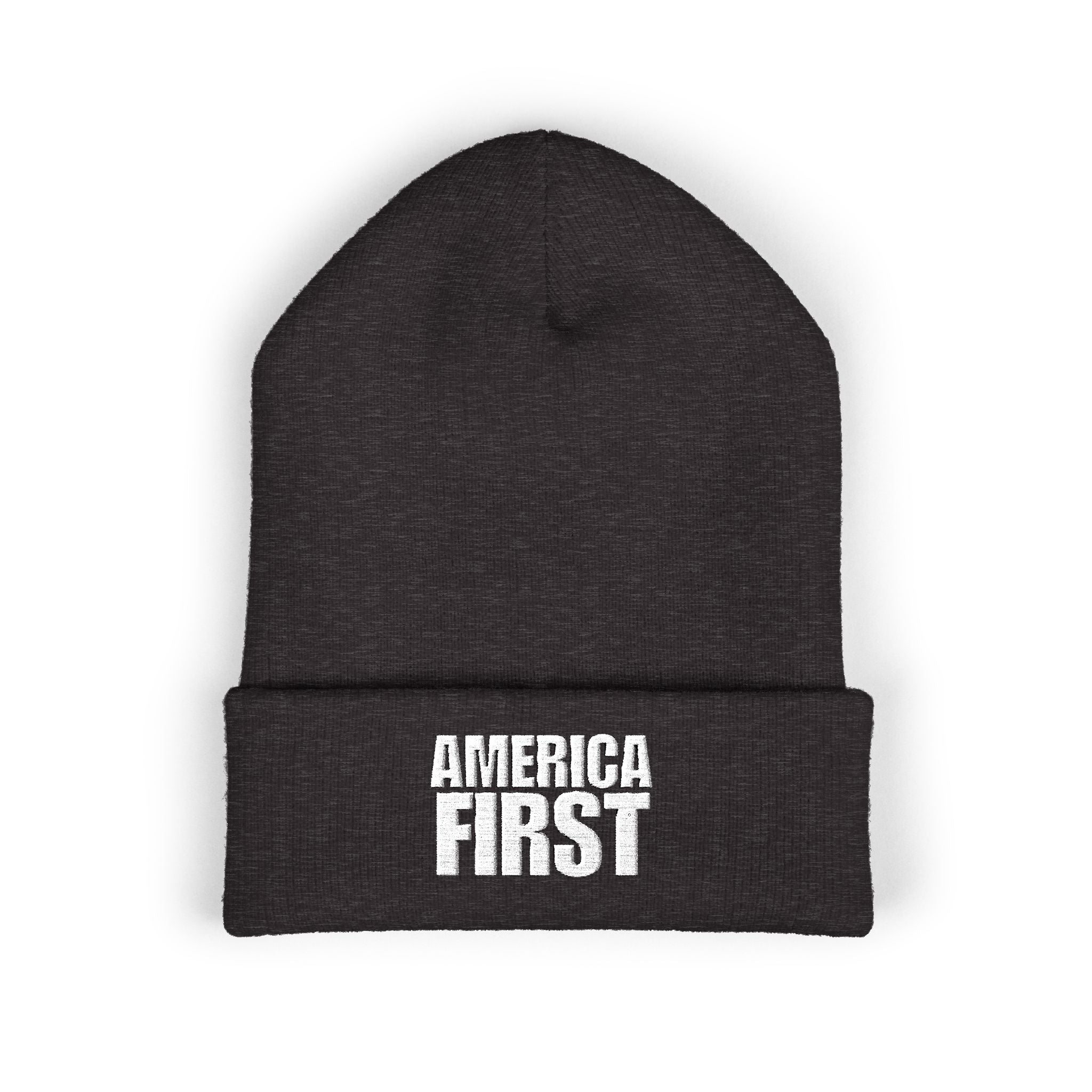 America First White Design Embroidered Cuffed Beanie Knit Hat