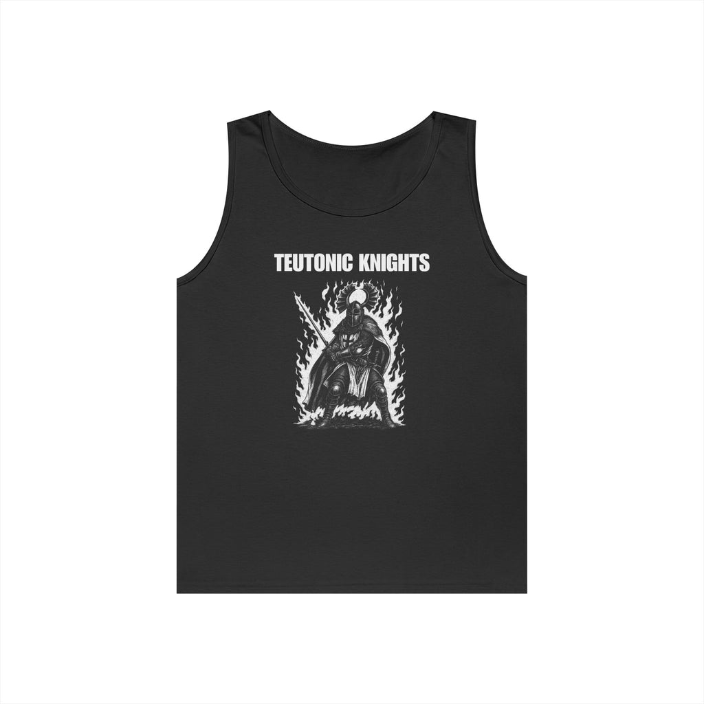 Teutonic Knights Front and Back White Teutonic Cross Graphic Heavy Cotton Tank Top