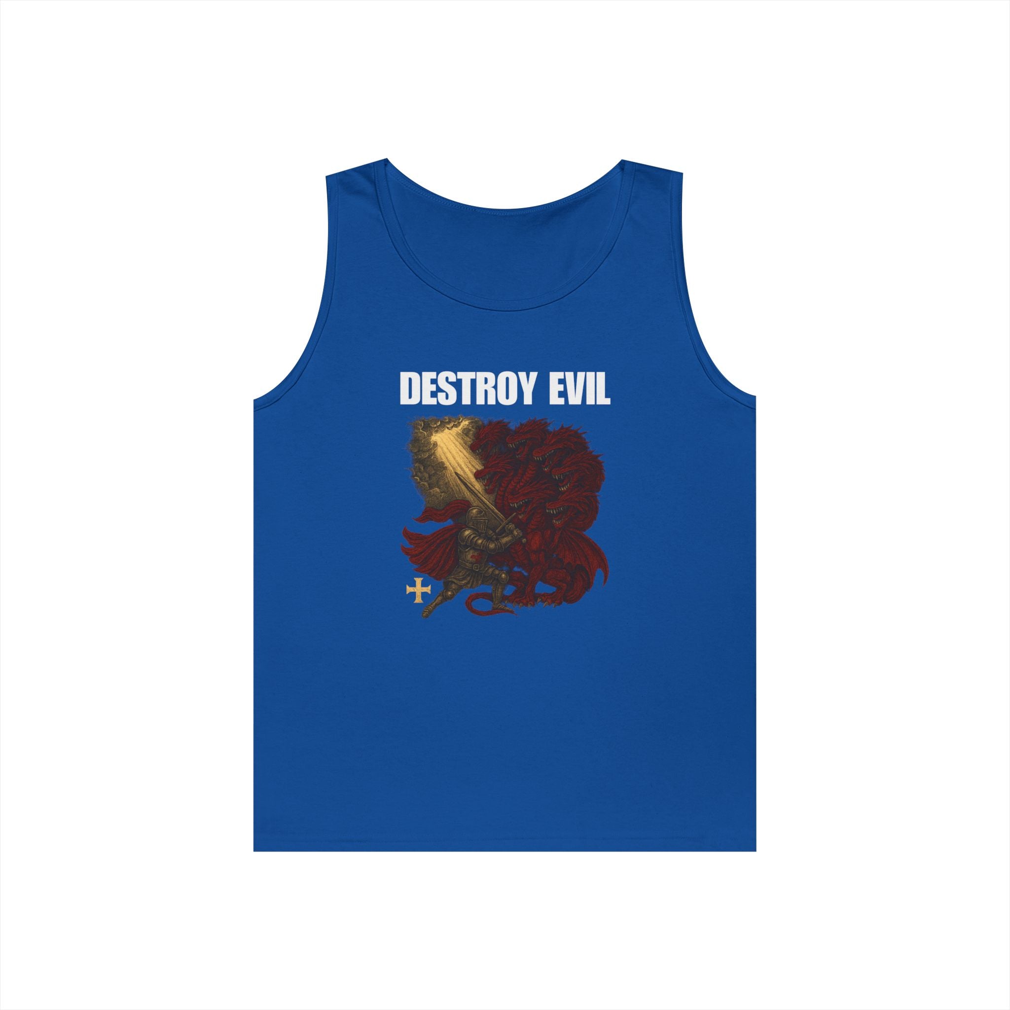 Heavy Cotton Tank Top with 'Destroy Evil' Crusader Defeating the Great Red Dragon Design