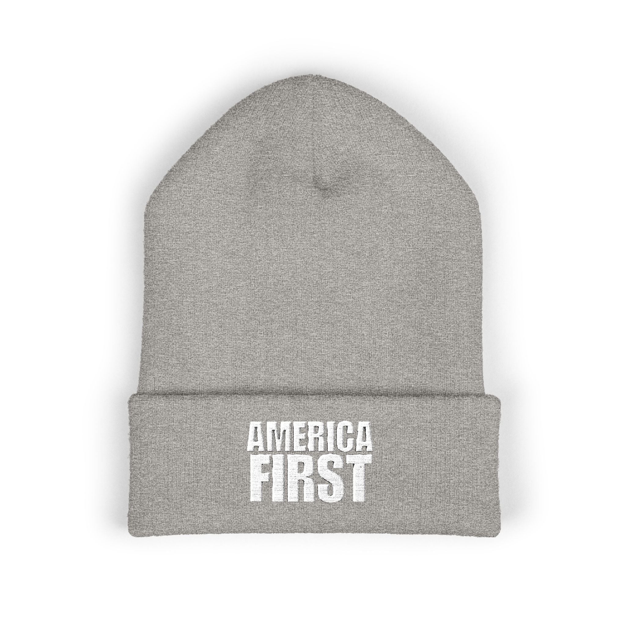 America First White Design Embroidered Cuffed Beanie Knit Hat