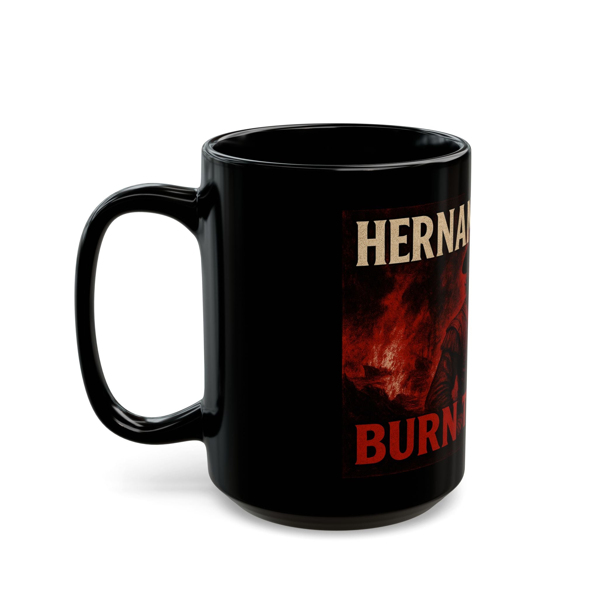 Unique Black Mug with Hernan Cortés Burn The Boats Design