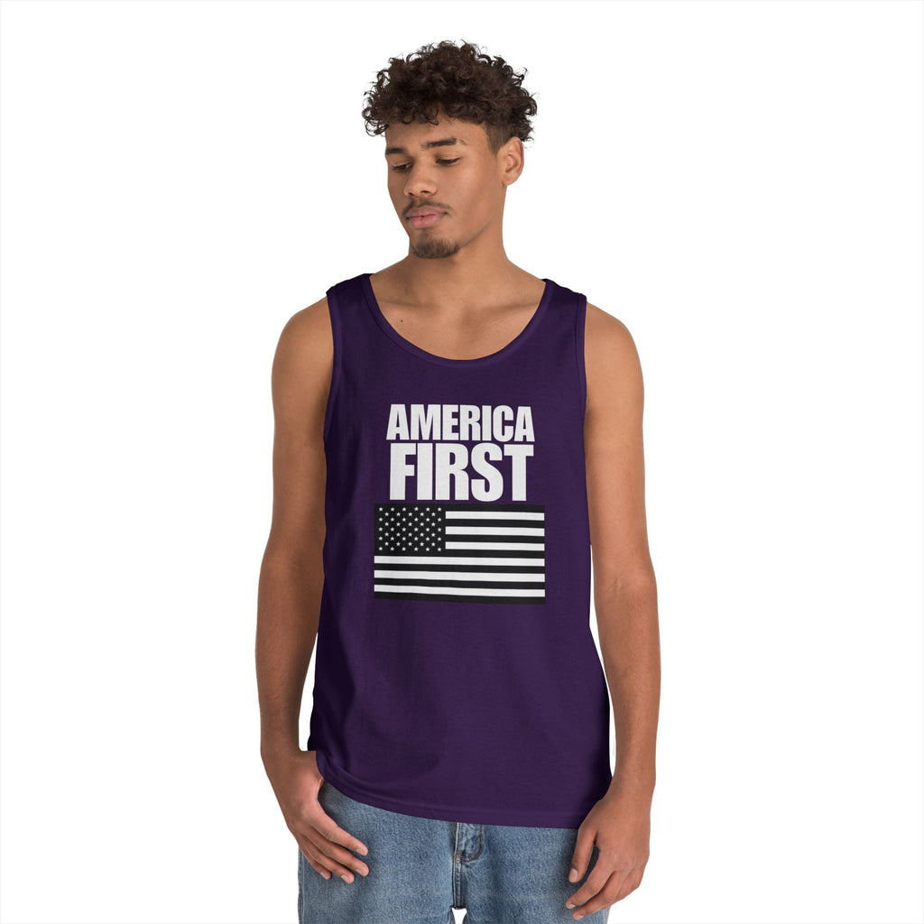 America First Black and White American Flag Heavy Cotton Tank Top