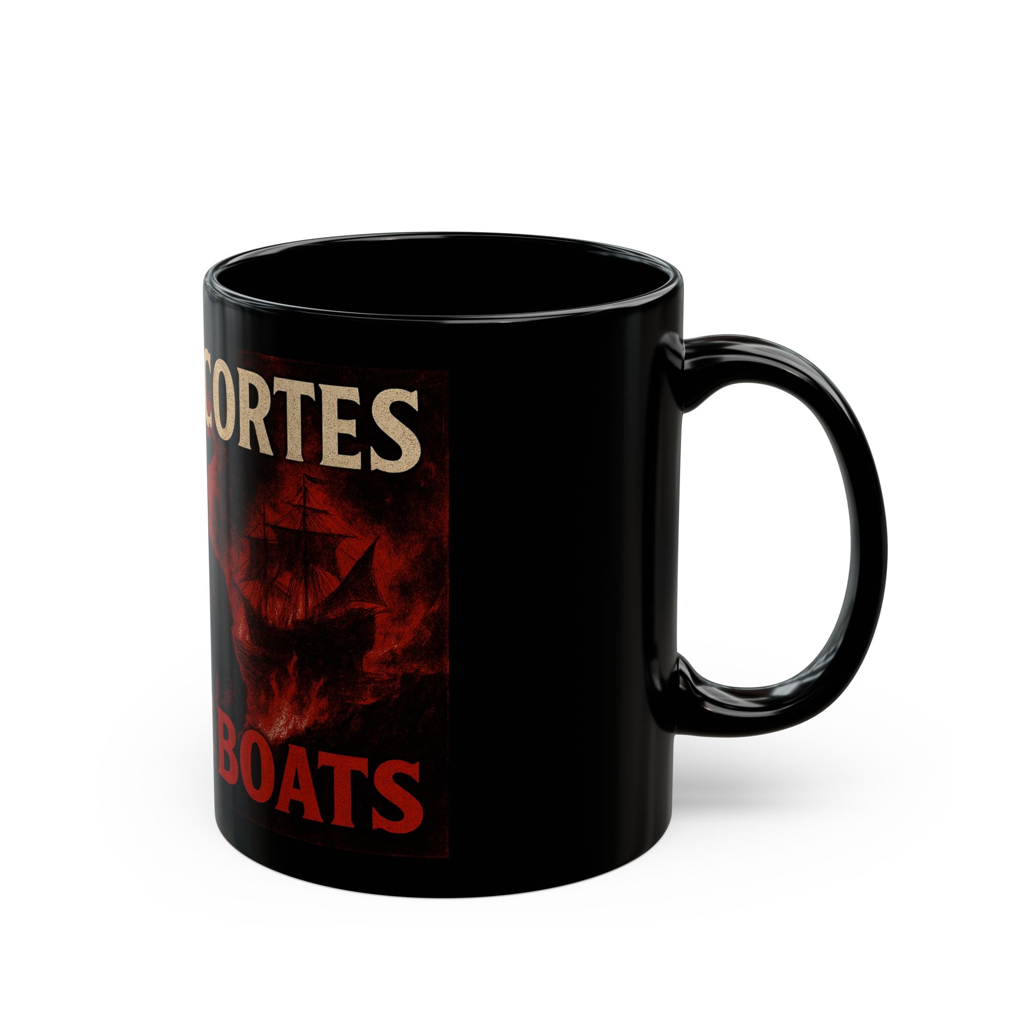 Unique Black Mug with Hernan Cortés Burn The Boats Design