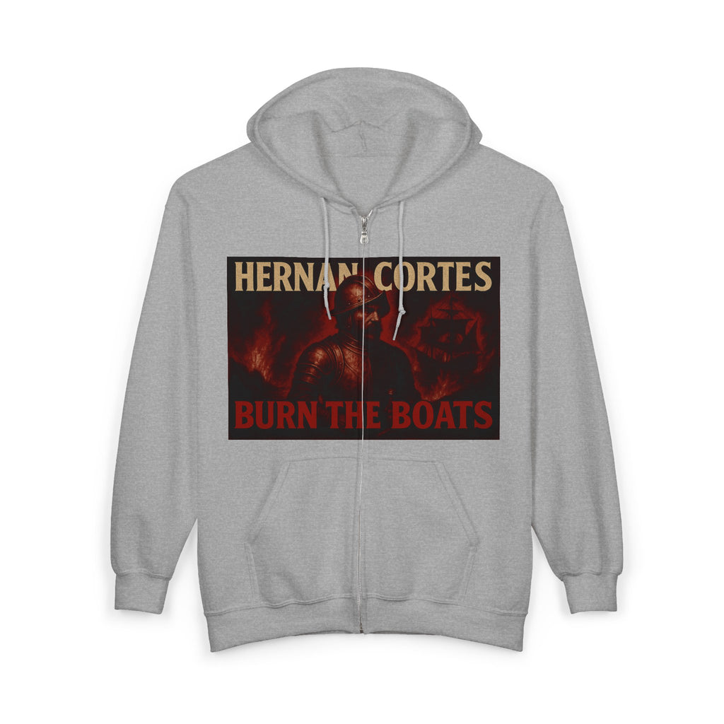 Hernan Cortes 'Burn Boats' Unisex Zip Hoodie Armor Design