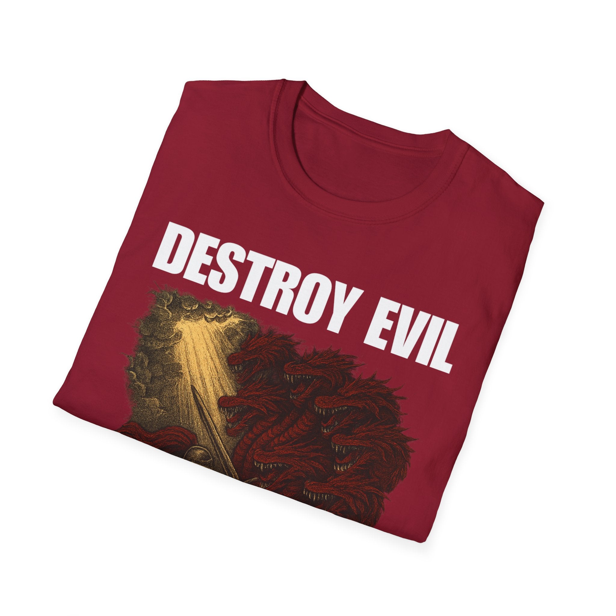 'Destroy Evil' Crusader Defeating the Great Red Dragon Design Graphic Softstyle T-Shirt