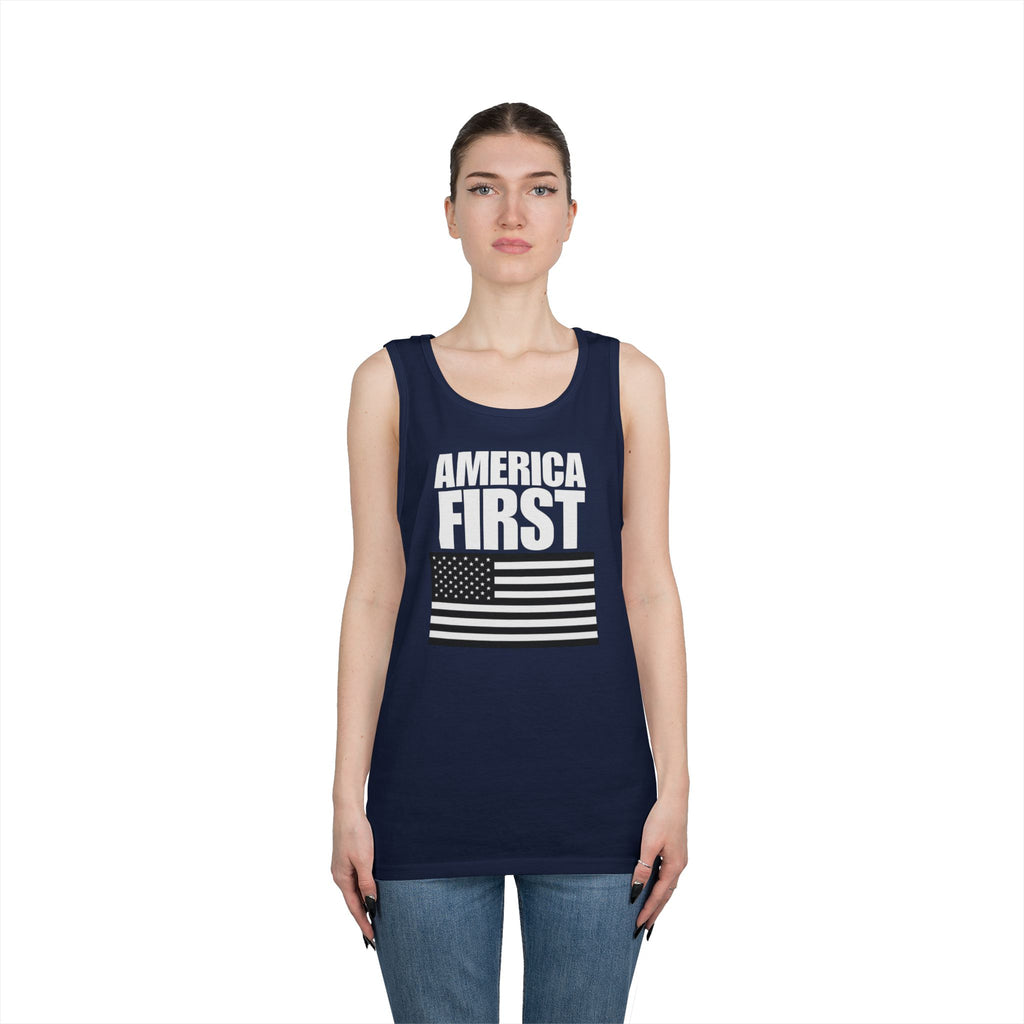 America First Black and White American Flag Heavy Cotton Tank Top