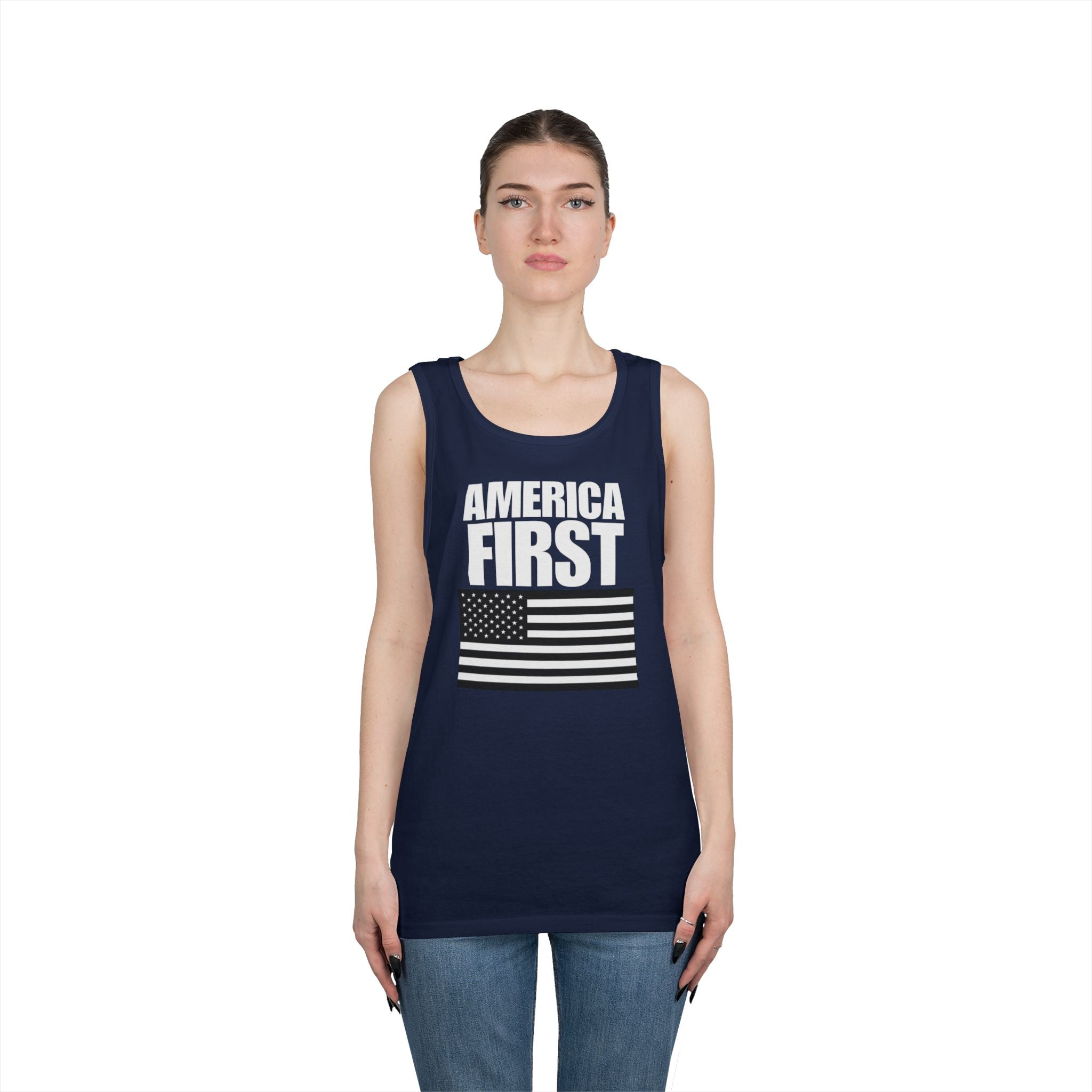 America First Black and White American Flag Heavy Cotton Tank Top